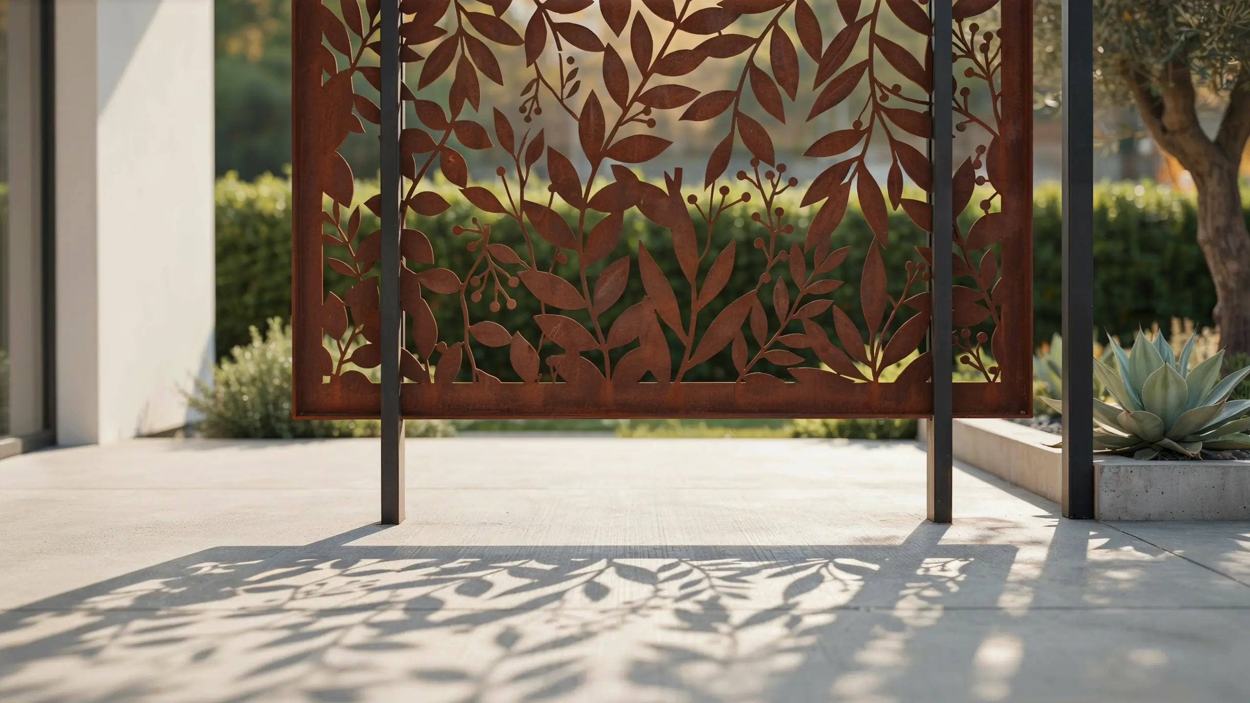 Outdoor decorative laser-cut corten steel metal screen with a botanical leaf and berry pattern casting shadows on a patio floor as a modern privacy partition.