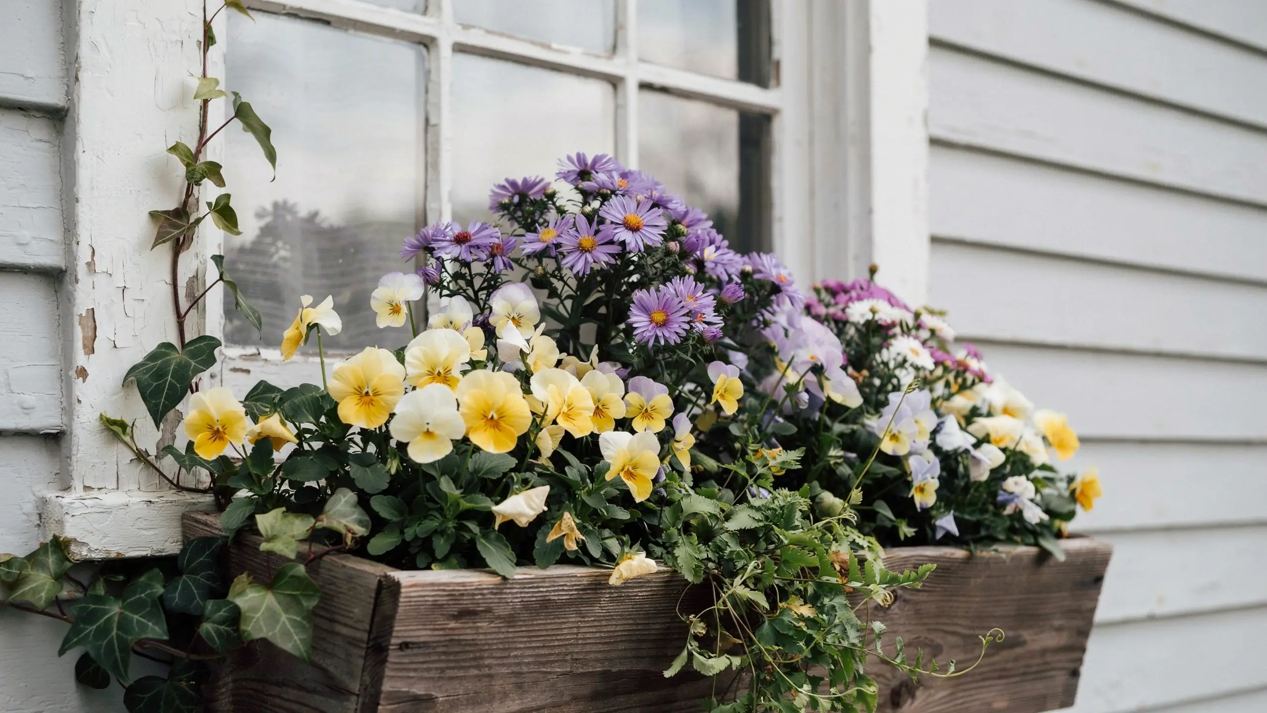 A rustic weathered wooden window box overflowing with yellow pansies, purple aster flowers, and trailing ivy vines against a white painted cottage exterior.