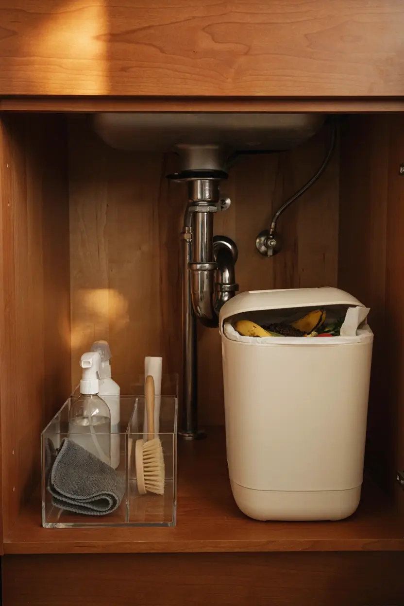 Covered trash or compost bin beside cleaning supplies under a kitchen sink