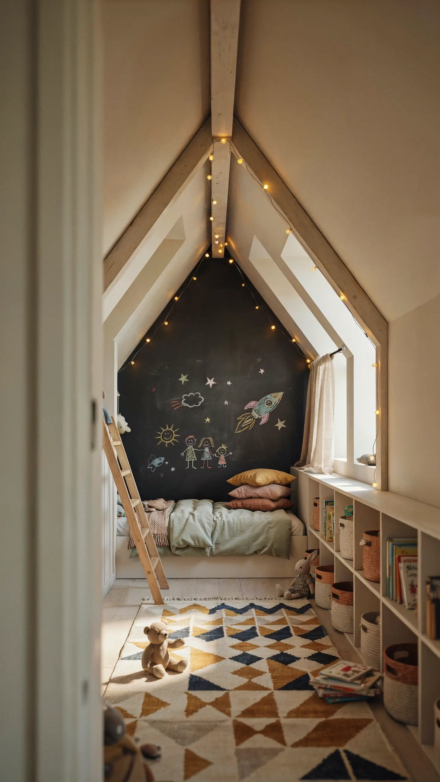 "A cozy A-frame attic kids bedroom with a chalkboard wall featuring hand-drawn rockets and stars, a built-in bed with blush and yellow pillows, a wooden ladder, and white storage cubbies filled with woven baskets and children's books, illuminated by warm fairy lights." 