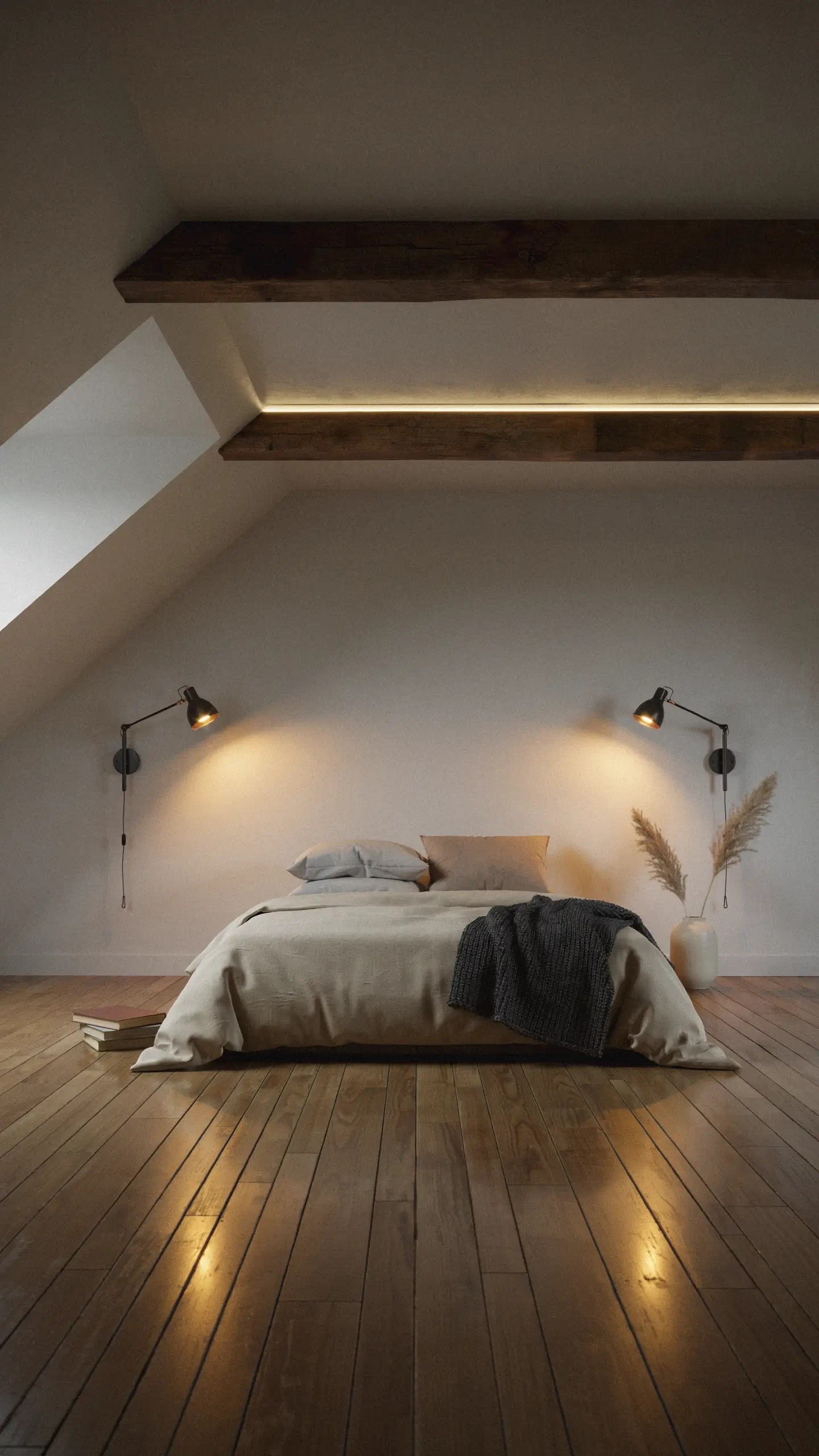 A cozy minimal attic bedroom featuring a low bed with beige linens and a dark grey throw blanket, flanked by two black adjustable wall sconces emitting warm ambient light against a plain white wall, with a white vase of pampas grass and a stack of books on the wooden floor. 
