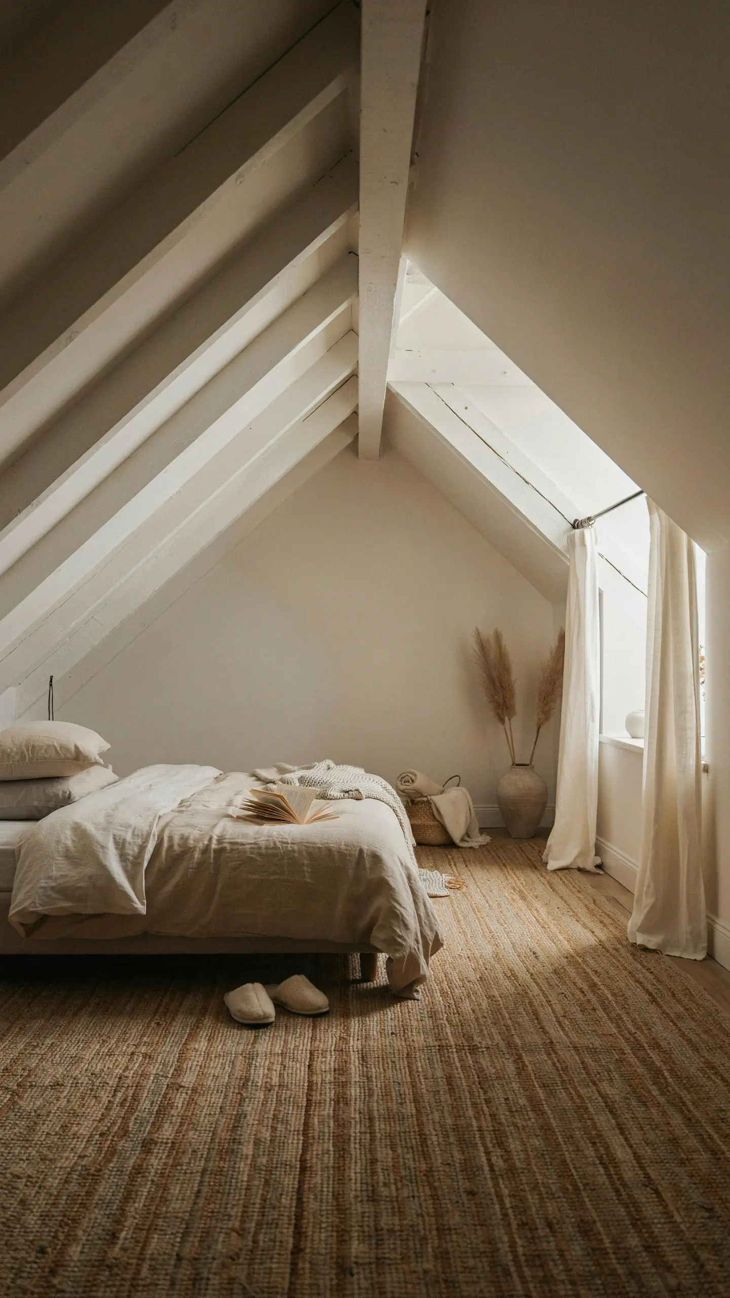 Cozy minimalist attic bedroom featuring a large, textured beige jute rug layered on the floor beneath a bed with white linen sheets, an open book, and neutral natural decor. 