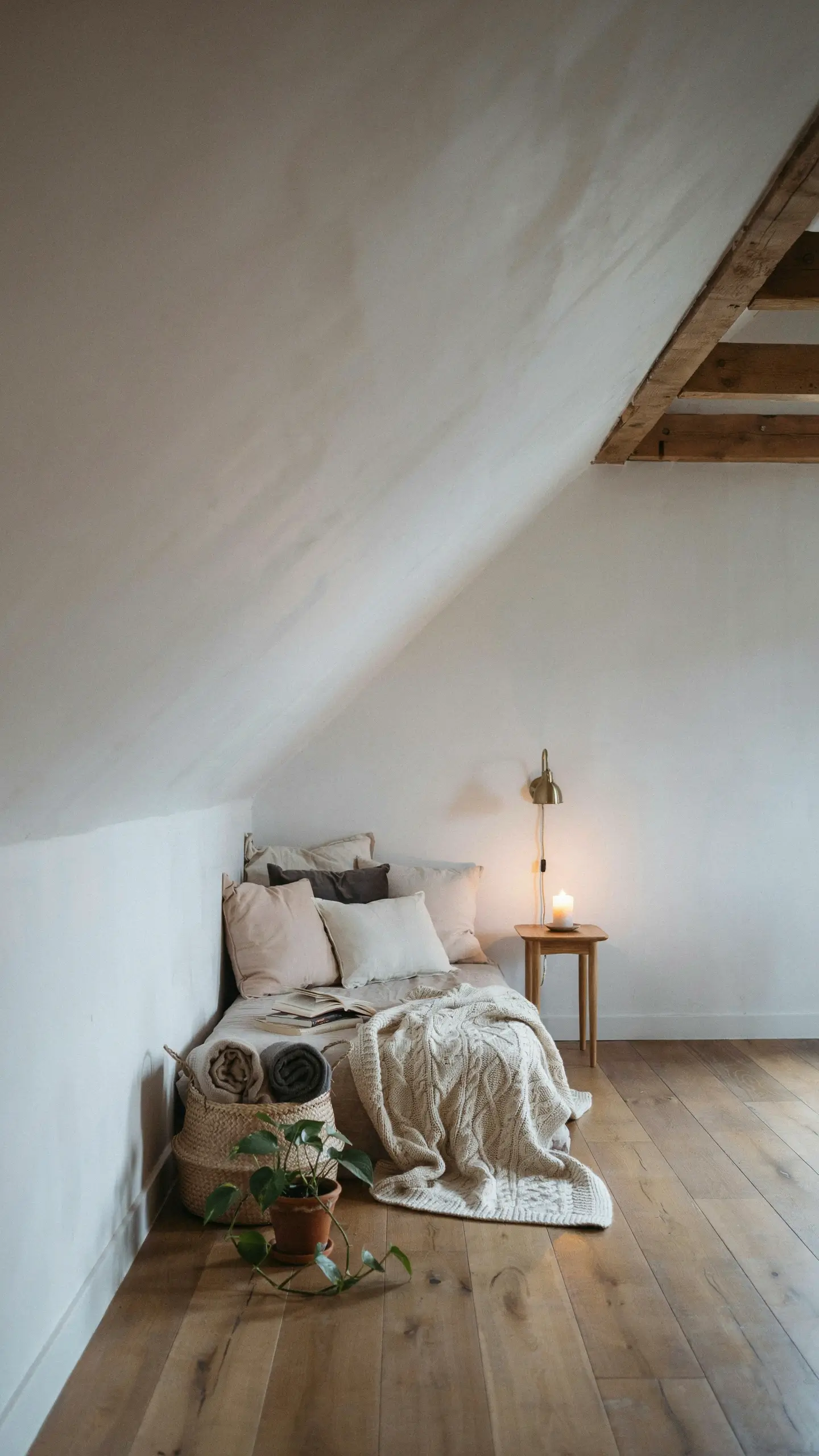 A cozy minimalist attic daybed nook featuring a cream chunky knit throw, layered neutral pillows, a potted green plant, and a warm lit candle on a small wooden side table, set against white sloped walls and exposed rustic ceiling beams. 
