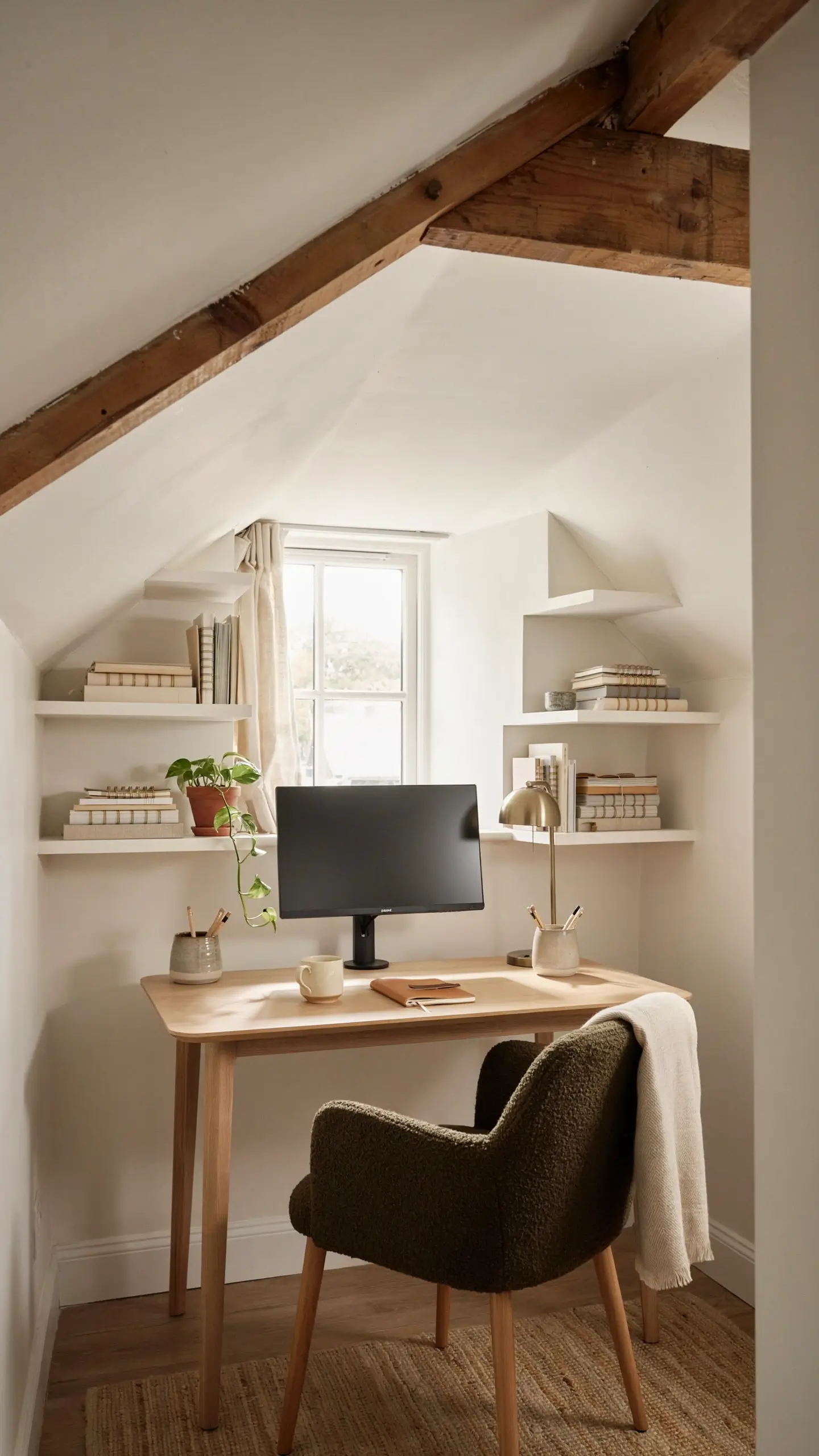 Cozy attic home office with a light wood desk, black monitor, green boucle chair, and natural sunlight. 