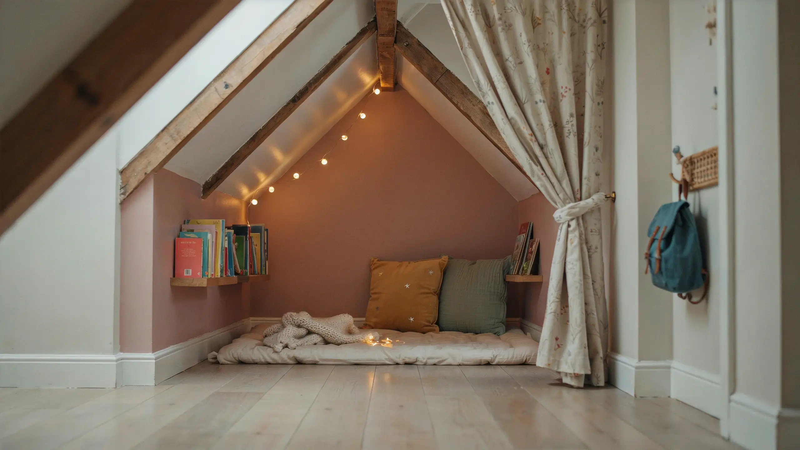 A cozy kids' reading nook featuring a tied-back floral curtain door, floating wooden bookshelves with colorful children's books, and soft floor cushions beneath a sloped wooden attic ceiling.