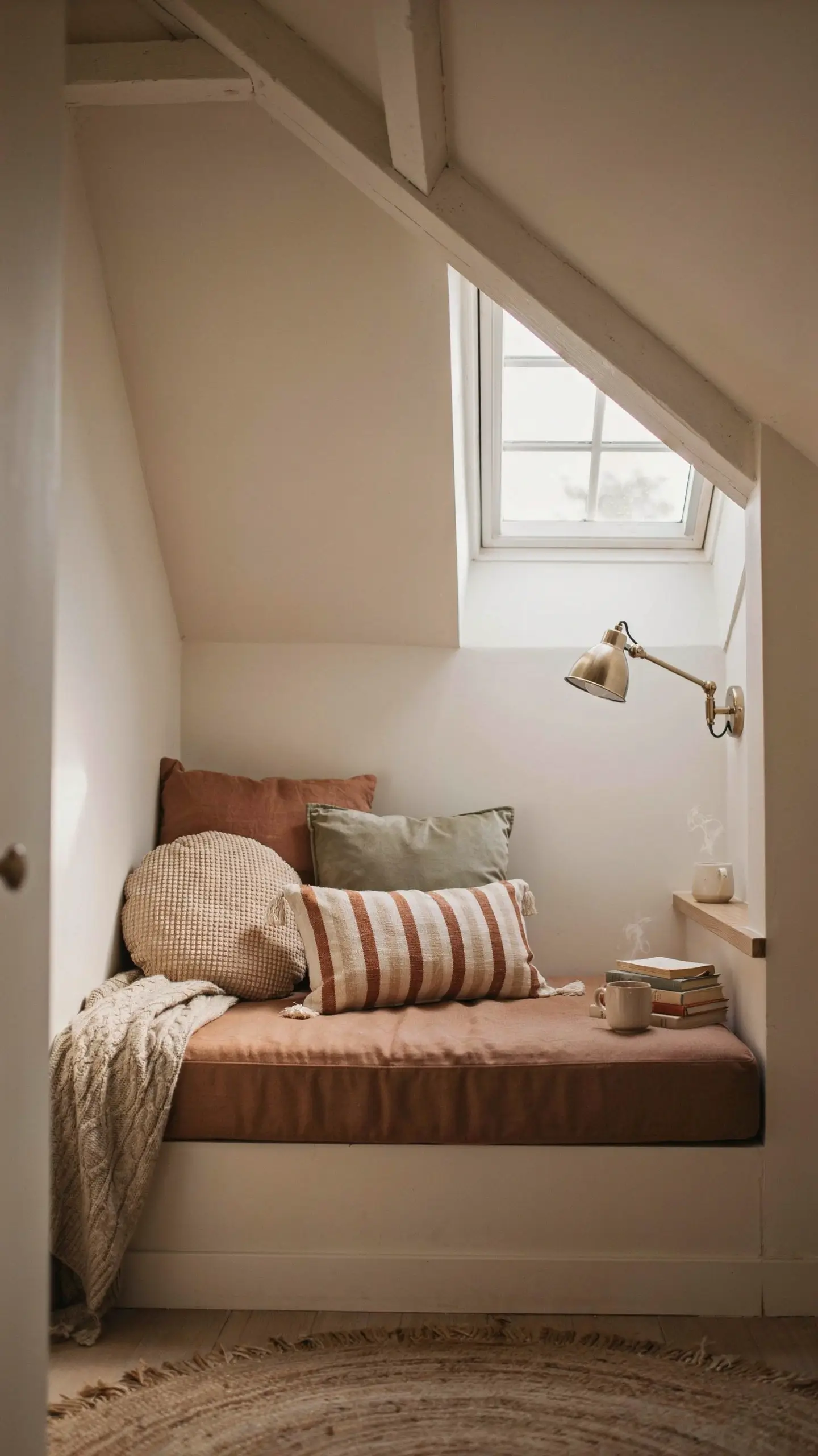 Cozy attic reading nook with a slanted white ceiling, built-in bench, brass wall lamp, and array of textured pillows in terracotta, olive green, and cream, accompanied by a floating shelf with stacked books and a steaming mug. 