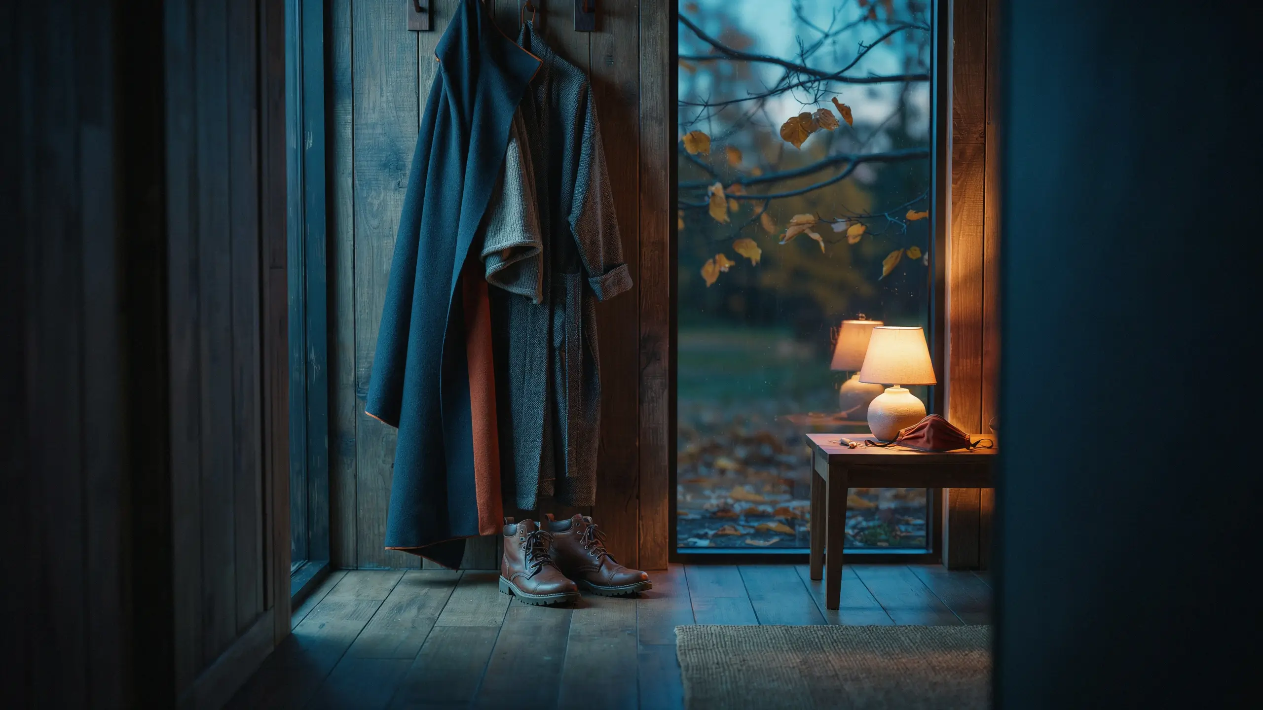 "A rustic wooden mudroom featuring a navy coat and textured grey jacket hanging above brown leather lace-up boots, illuminated by a warm lamp next to a window with a view of fall leaves." 