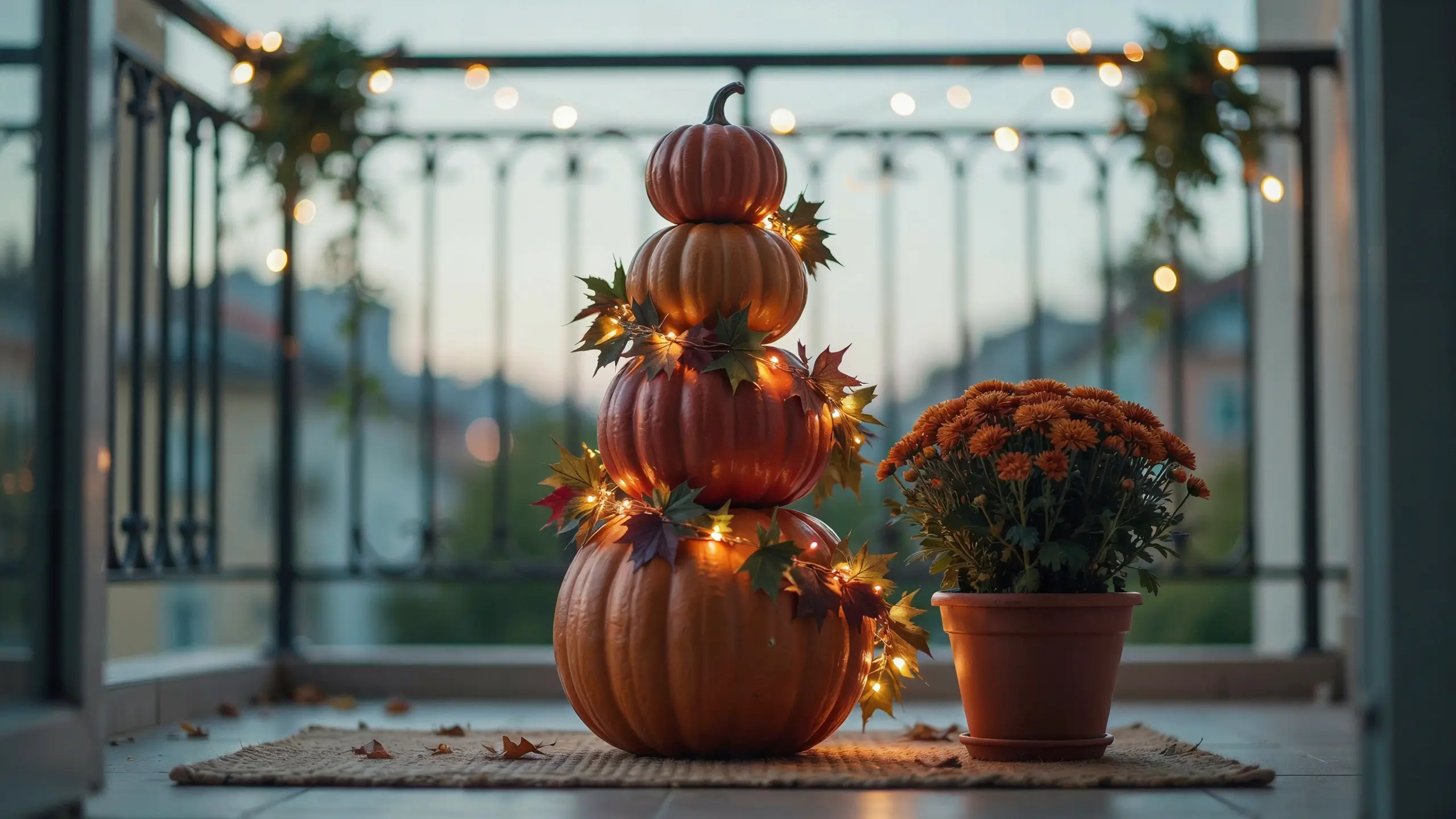 Warm string lights wrapped around three stacked orange pumpkins with autumn leaves on a dusk balcony next to a potted mum. 