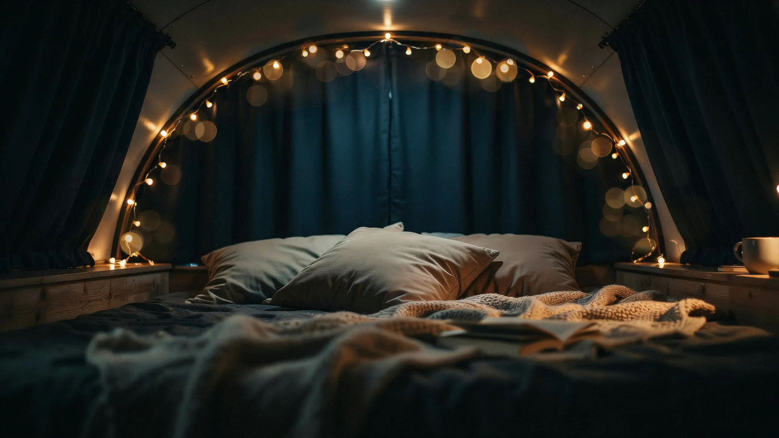 Cozy bed with pillows, knit throw, mug, and warm fairy lights along an arched camper van frame. 