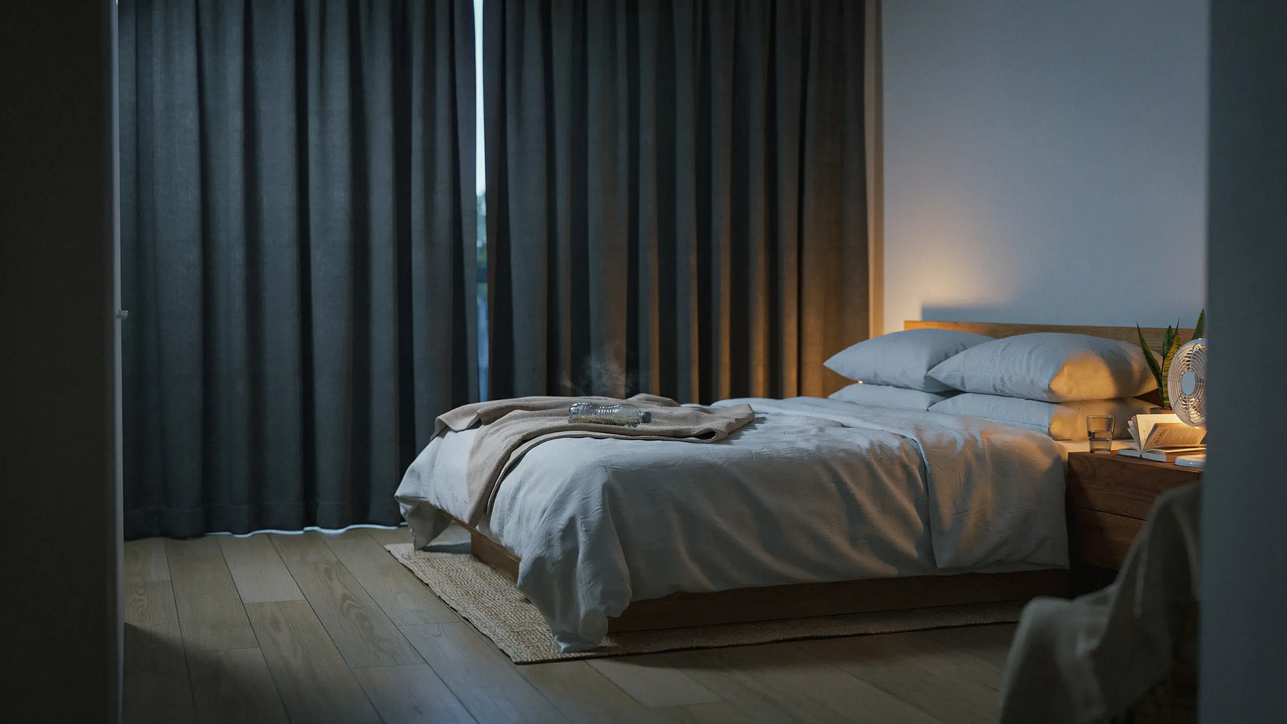 Dimly lit bedroom with a steaming humidifier on the bed, wooden nightstand, and a warm bedside lamp for optimal sleep.