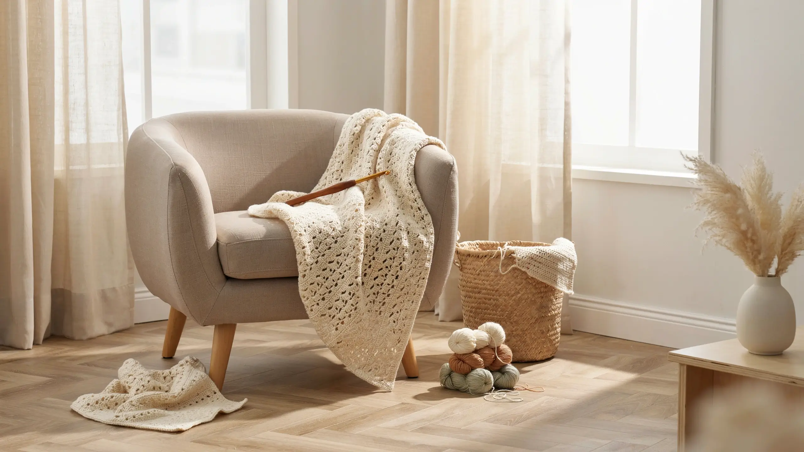 "A beige armchair in a sunlit room draped with a soft cream double crochet blanket and wooden crochet hook, surrounded by a woven basket, yarn balls, and a vase with pampas grass."