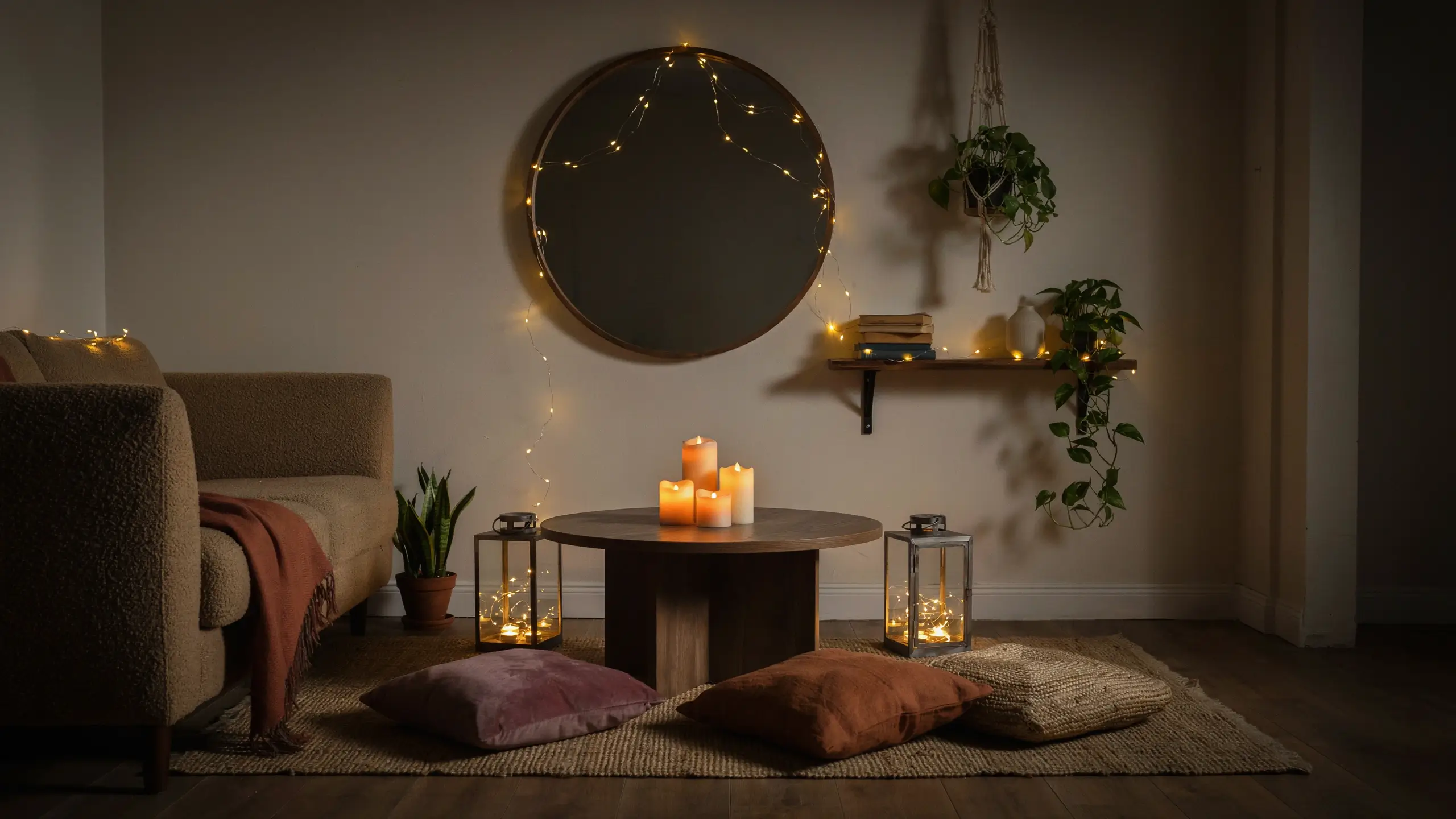 Cozy boho living room with fairy lights, candles, plants, floor cushions, and warm ambient lighting.