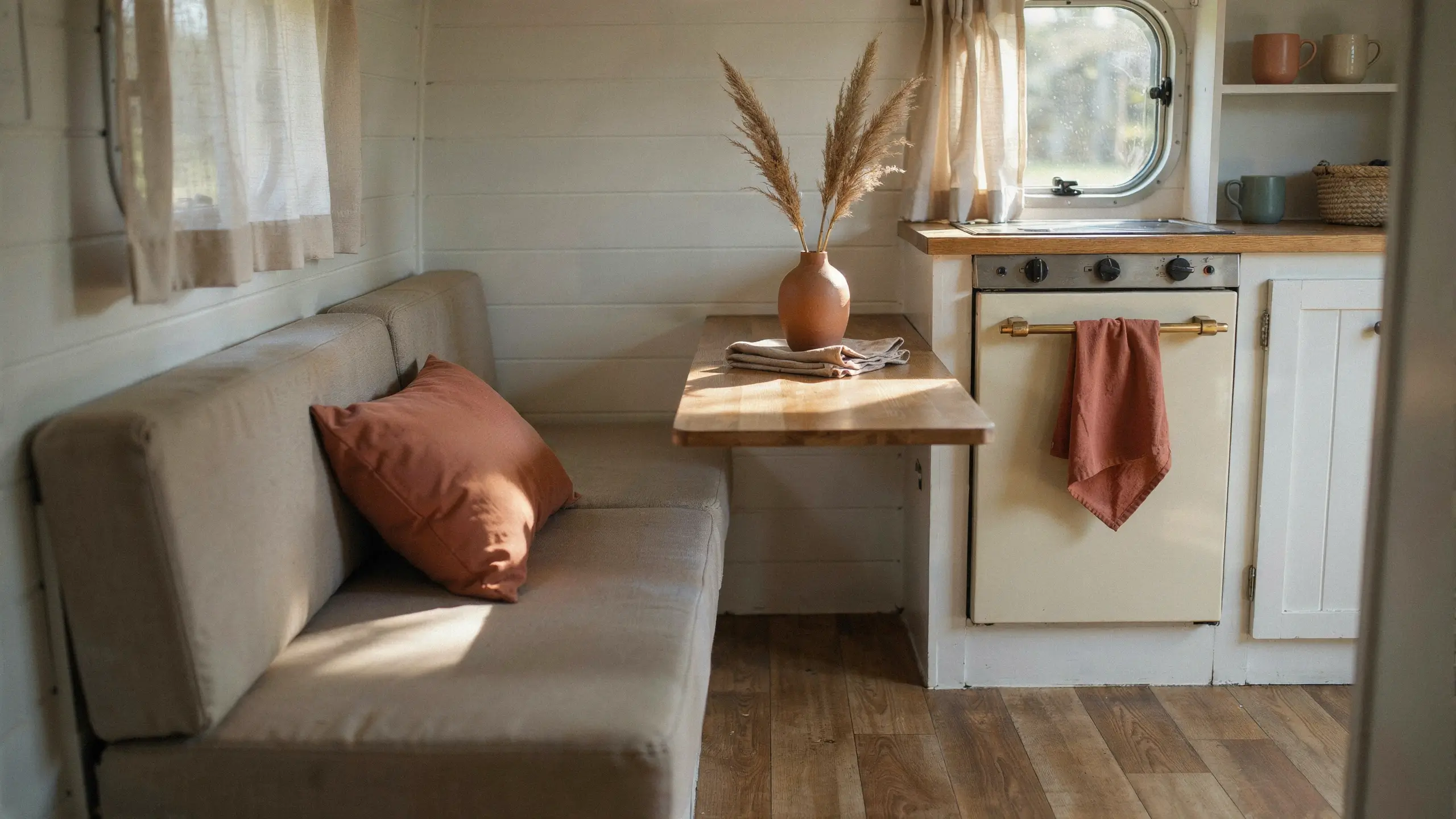 Warm sunlight illuminating a minimalist tiny house or RV interior featuring beige banquette seating with a terracotta accent pillow, a wooden drop-leaf table with a matching terracotta vase of dried pampas grass, and a cream-colored stove with a terracotta towel on its handle.