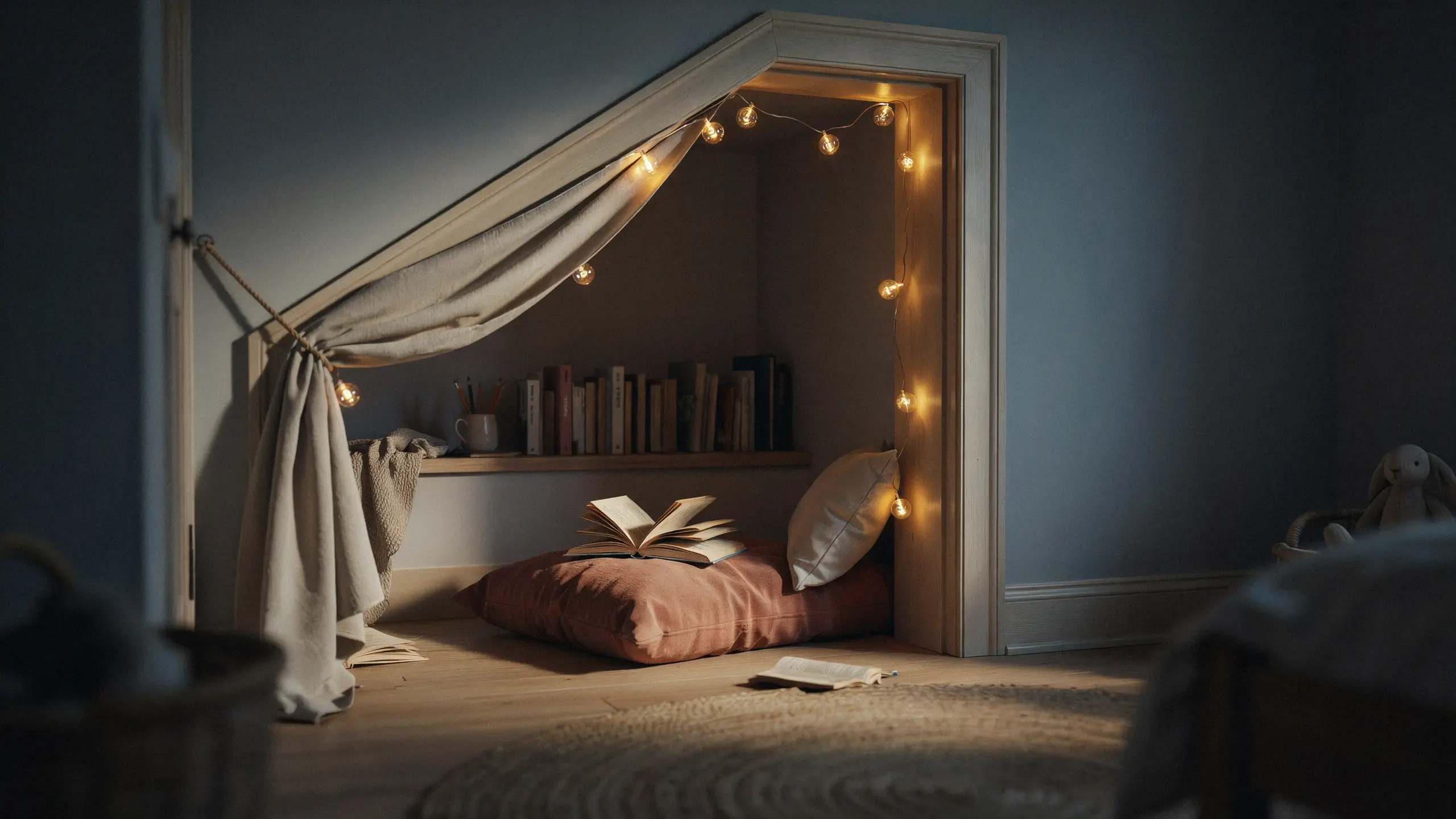 "A cozy DIY closet reading nook featuring a cream fabric canopy, warm fairy lights, a dusty pink floor cushion, open books, and a built-in shelf filled with books." 