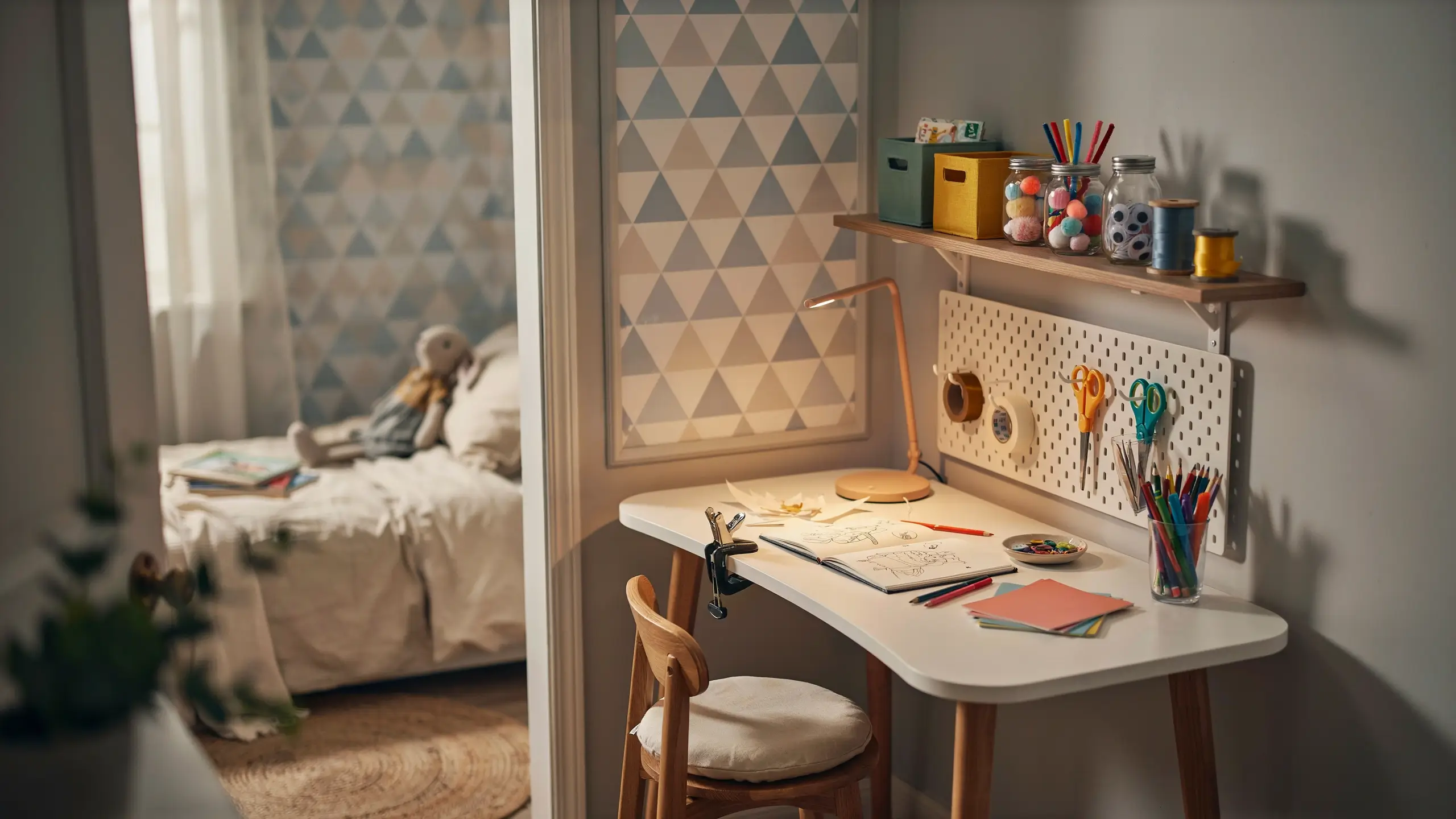 A warm, organized kids' study and craft corner featuring a white table, wooden chair, copper desk lamp, and a white pegboard holding colorful scissors and tape dispensers. 
