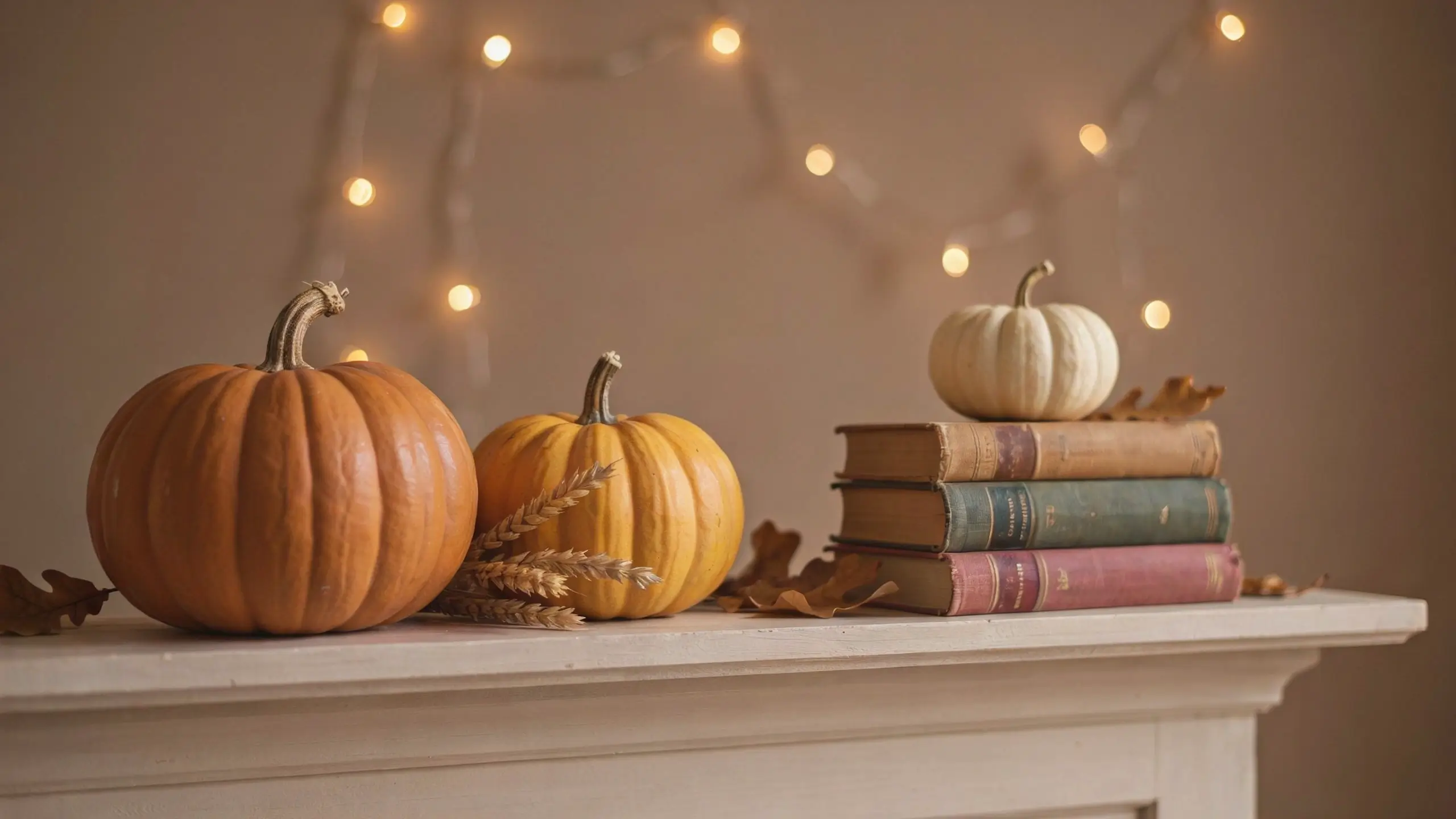 Three pumpkins arranged in odd numbers on a white mantel with vintage books, dried wheat, and warm fairy lights for cozy autumn home decor.
