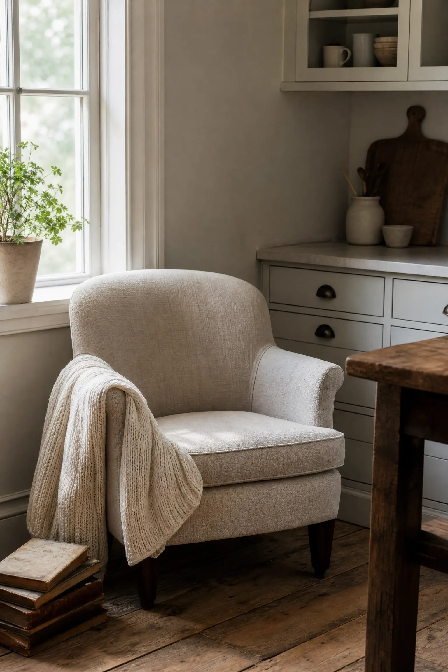 Small upholstered armchair with knit throw beside a kitchen window creates a cozy reading nook.