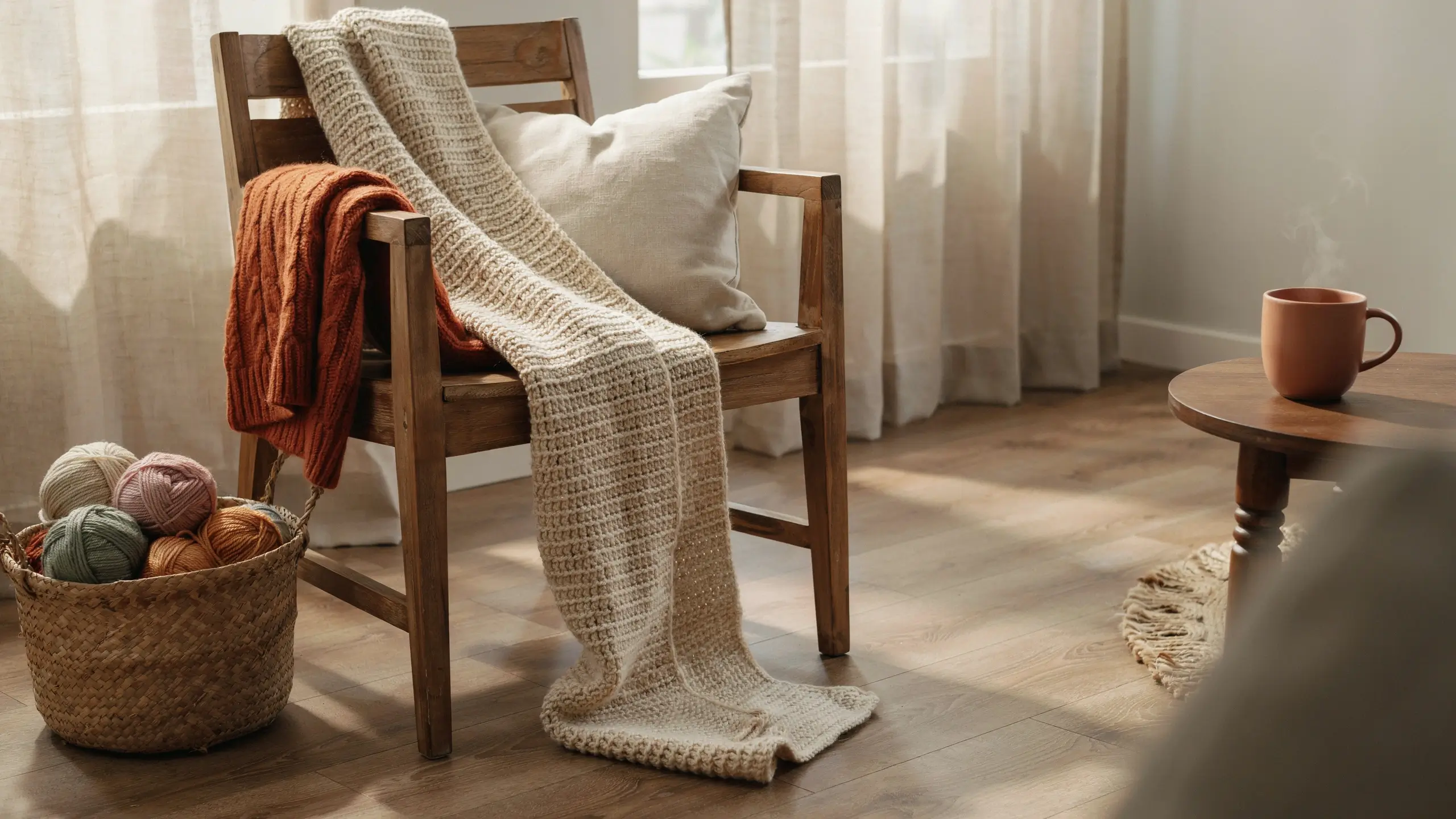 A simple chunky knit cream scarf elegantly draped over a rustic wooden chair beside a woven basket of colorful yarn and a steaming terracotta mug in a sunlit cozy room.