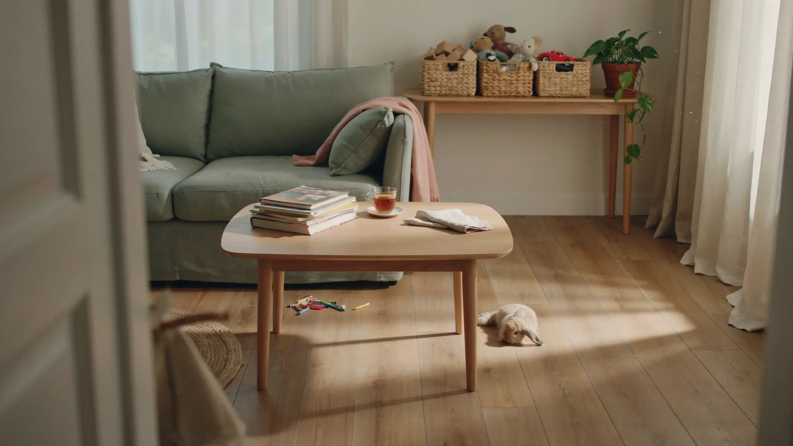 A cozy, sunlit living room with a sage green sofa and a wooden coffee table holding a stack of books and a cup of tea. A sleeping white dog rests on the floor near scattered crayons, visually illustrating a stress-free 10-minute daily home reset that focuses on quick tidying rather than a deep clean.