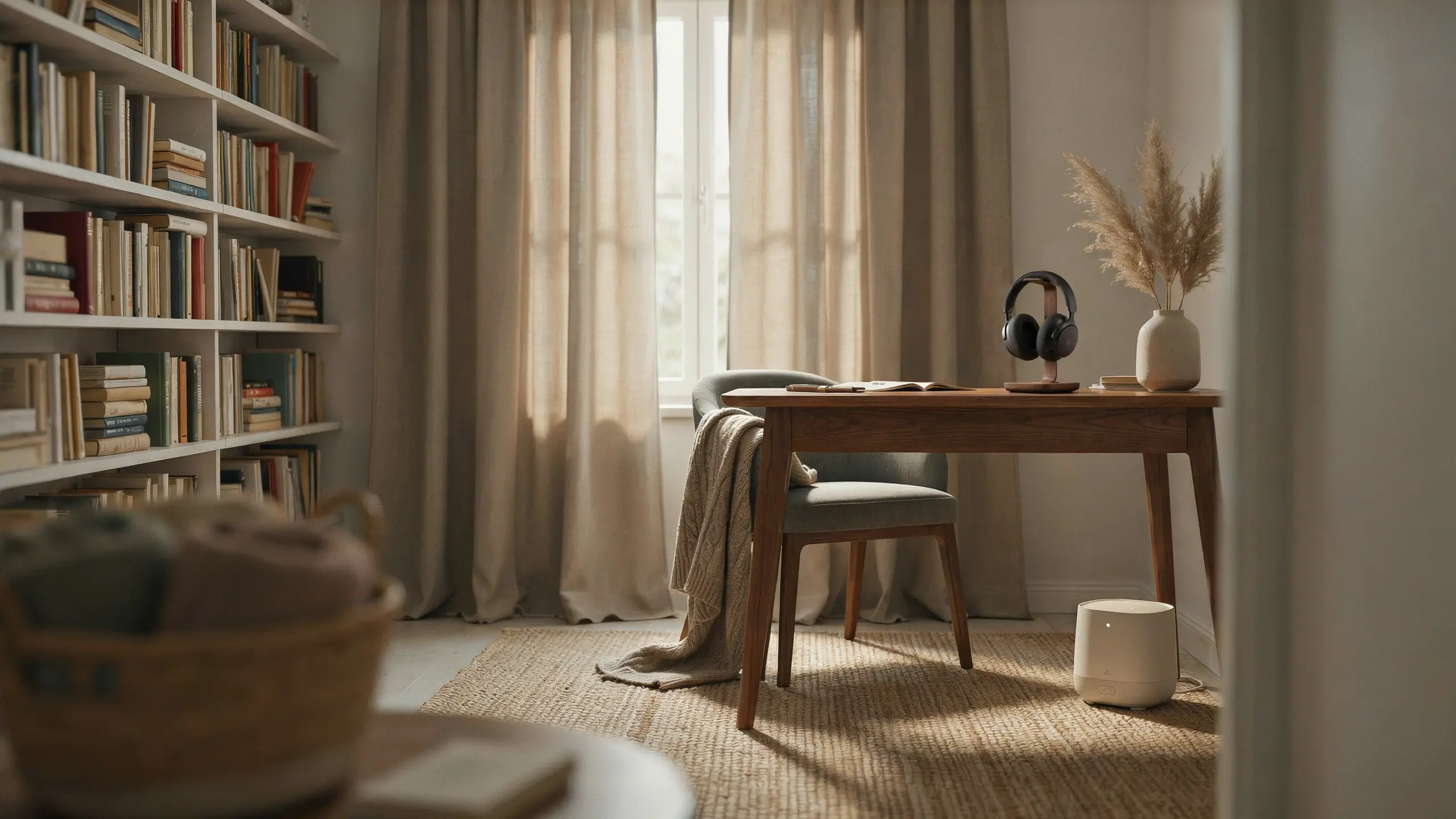 A sun-drenched, minimalist home office nook featuring a wooden desk, grey chair with a knit blanket, black over-ear noise-canceling headphones, and a pampas grass vase, designed as a serene, distraction-free workspace. 