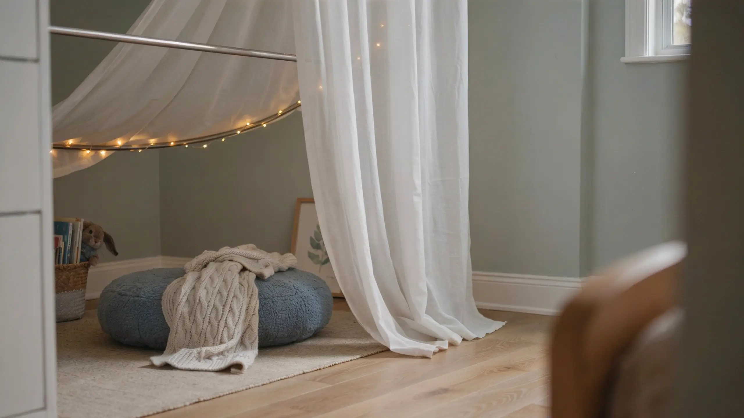 Cozy children's reading nook featuring white canopy fairy lights, a blue textured floor pouf, and a cream knit throw in a serene sage green room. 