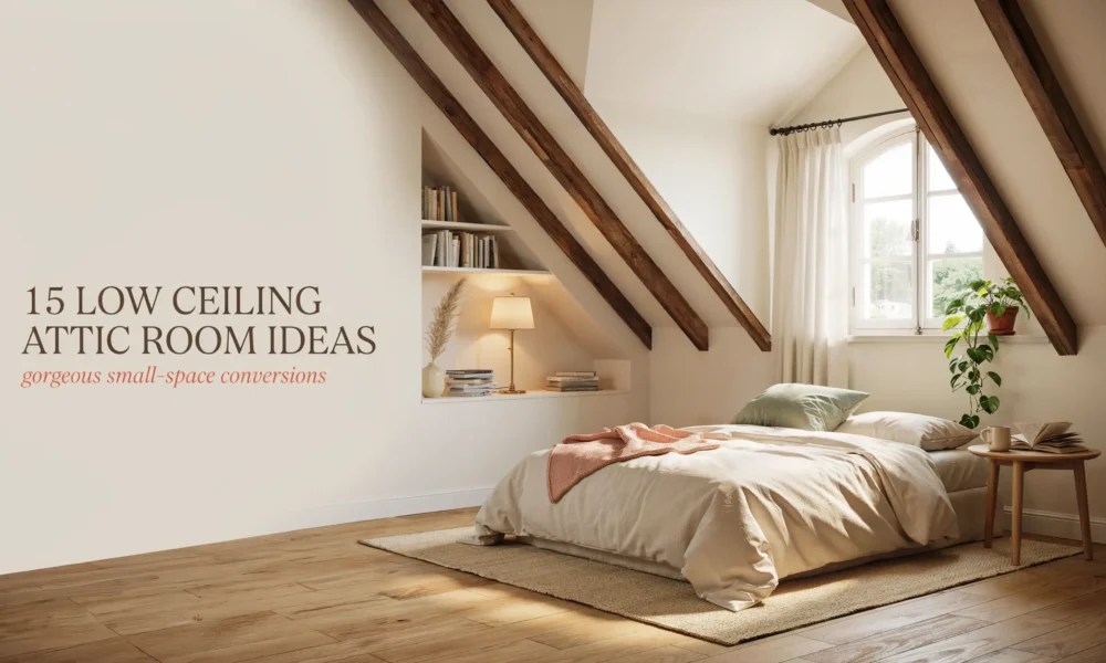 A cozy low ceiling attic bedroom featuring exposed dark wooden beams, a built-in white bookshelf, a bed with beige linens and a pink throw blanket, and a potted plant by the window. Text overlay reads '15 Low Ceiling Attic Room Ideas'.