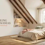 A cozy low ceiling attic bedroom featuring exposed dark wooden beams, a built-in white bookshelf, a bed with beige linens and a pink throw blanket, and a potted plant by the window. Text overlay reads '15 Low Ceiling Attic Room Ideas'.