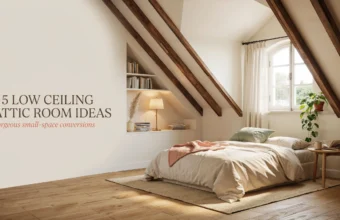 A cozy low ceiling attic bedroom featuring exposed dark wooden beams, a built-in white bookshelf, a bed with beige linens and a pink throw blanket, and a potted plant by the window. Text overlay reads '15 Low Ceiling Attic Room Ideas'.