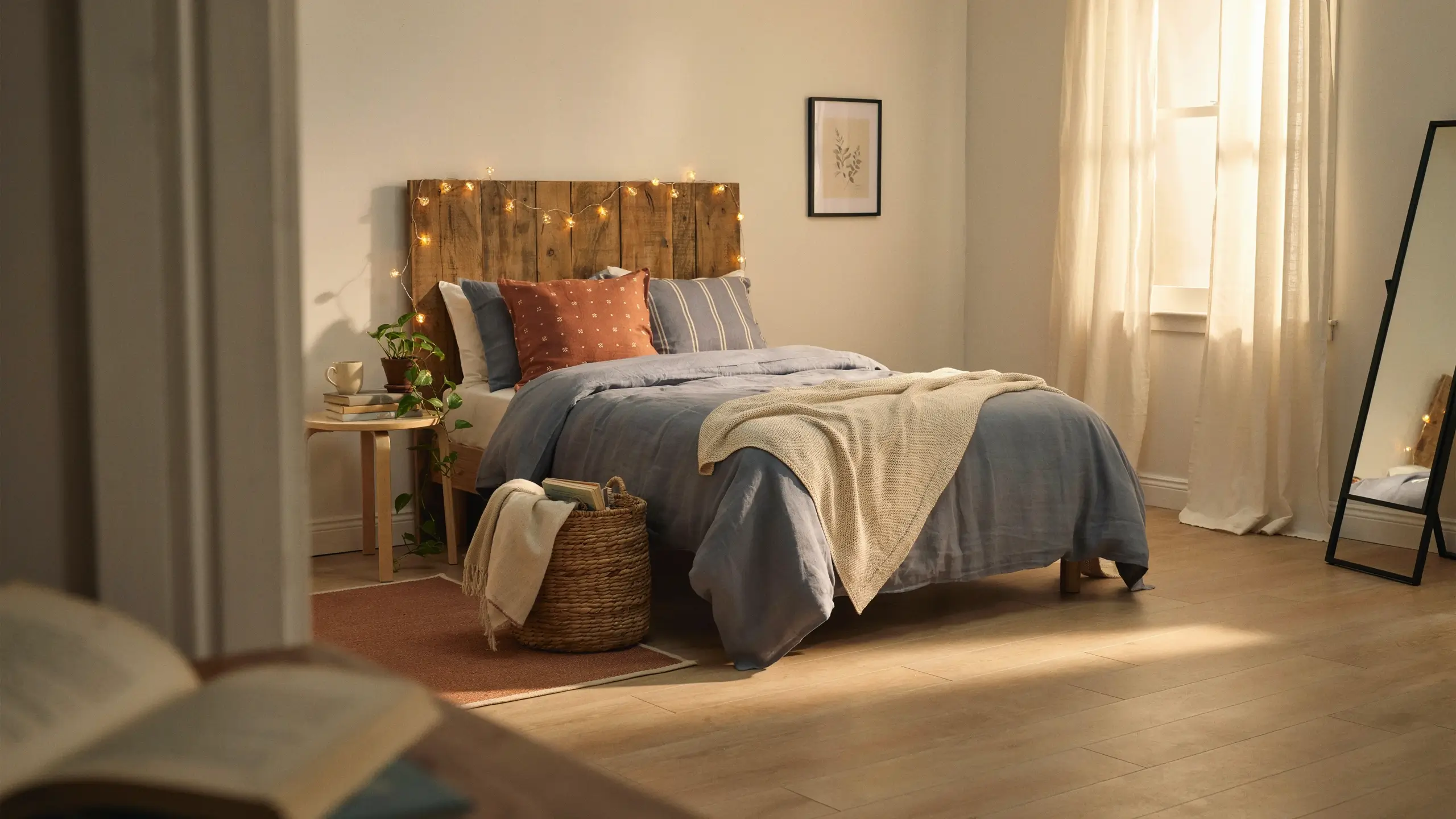 Cozy small bedroom ideas featuring a rustic wooden headboard, warm fairy lights, dusty blue bedding, and a natural woven basket, styled with soft textures to enhance a compact room.