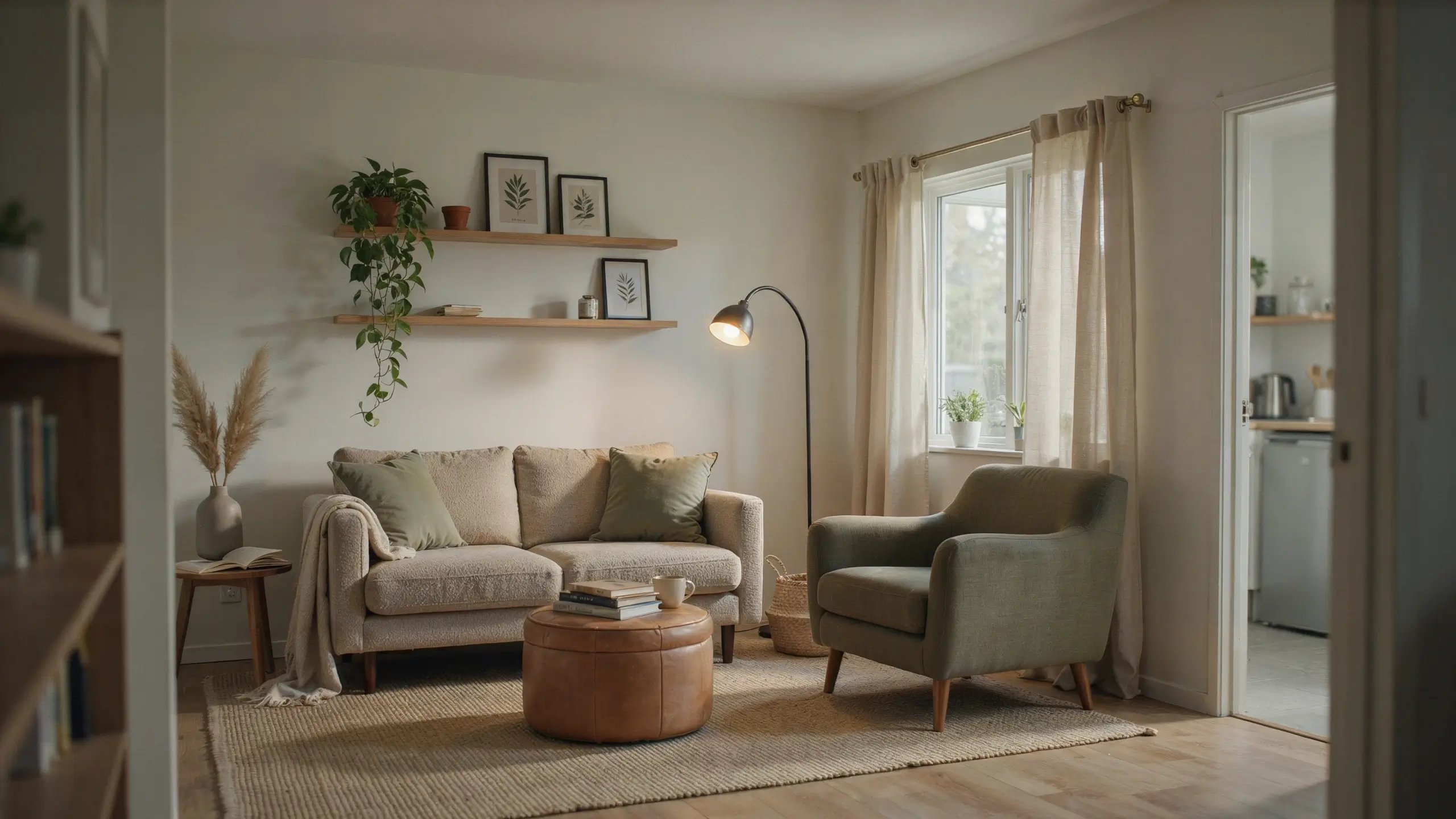 Cozy shared living room decorated with a beige textured sofa, sage green armchair, round leather ottoman, floating wooden shelves holding botanical prints, and trailing pothos plants on a natural jute rug