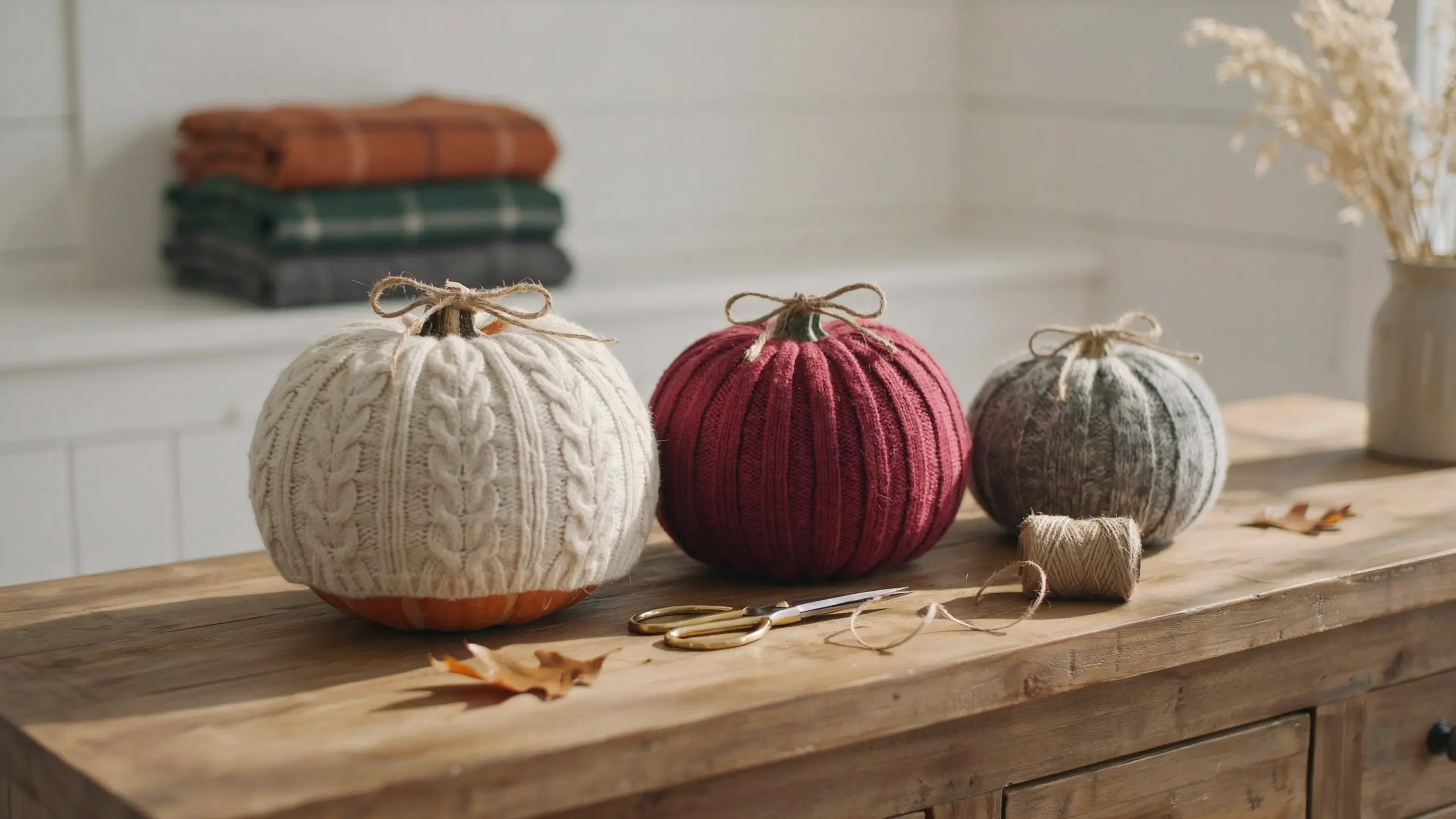 Three rustic DIY sweater-wrapped pumpkins in cream, burgundy, and grey cable-knit patterns tied with twine bows, sitting on a wooden table with craft scissors and a spool of jute twine.