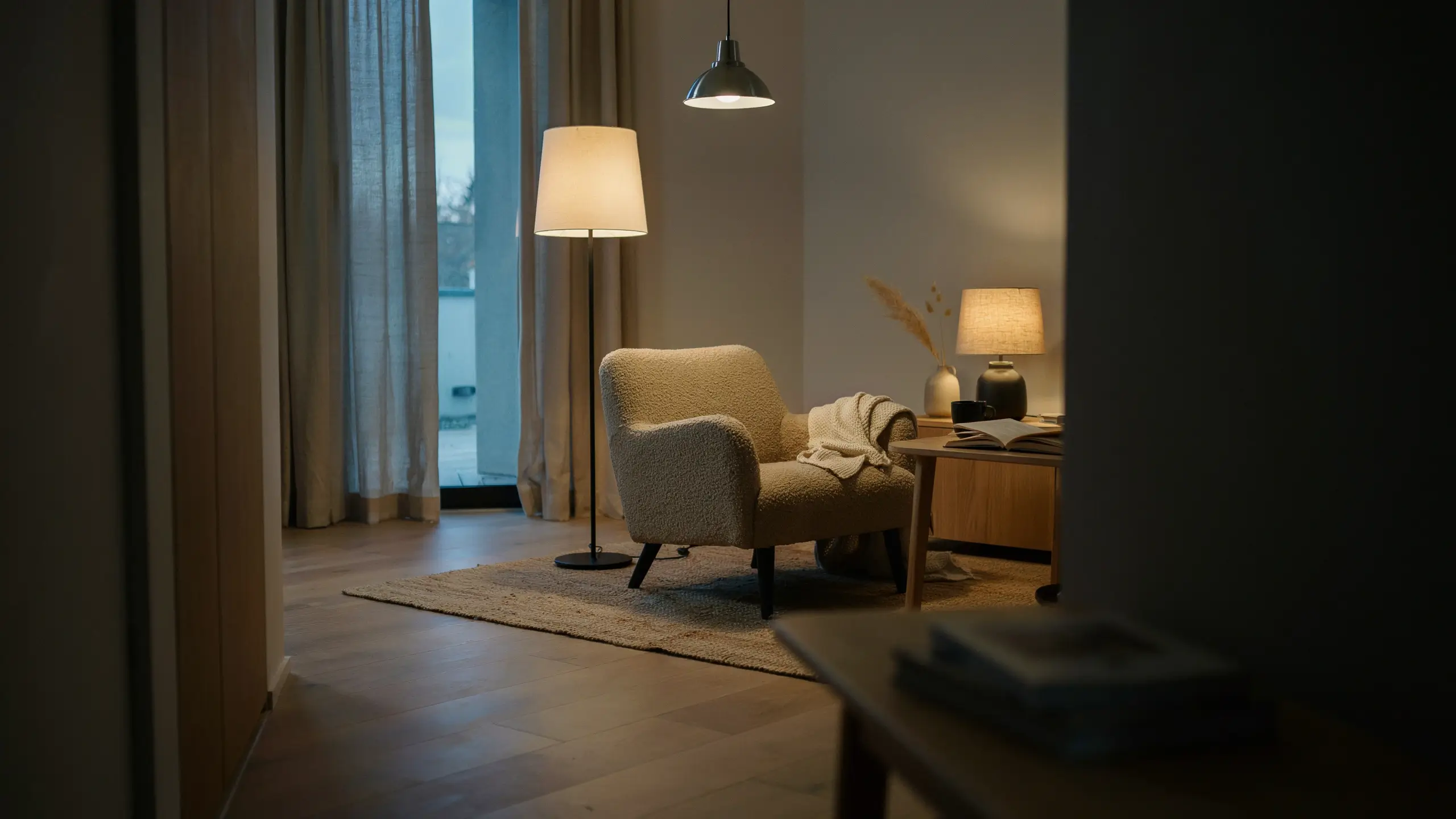 A cozy beige bouclé armchair in a reading nook featuring layered warm ambient lighting from floor, pendant, and table lamps setting a relaxed interior mood