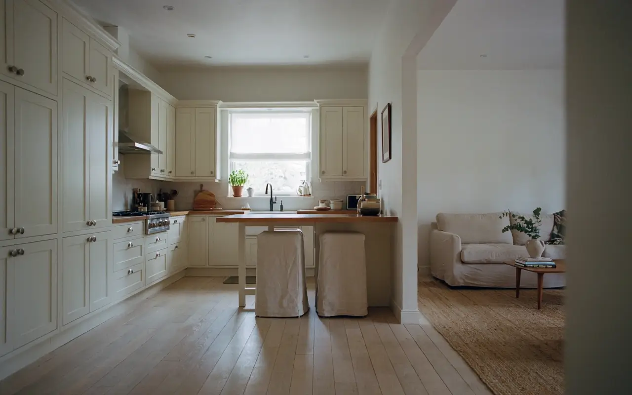 Cream U-shaped kitchen with peninsula seating opening into a neutral living room.
