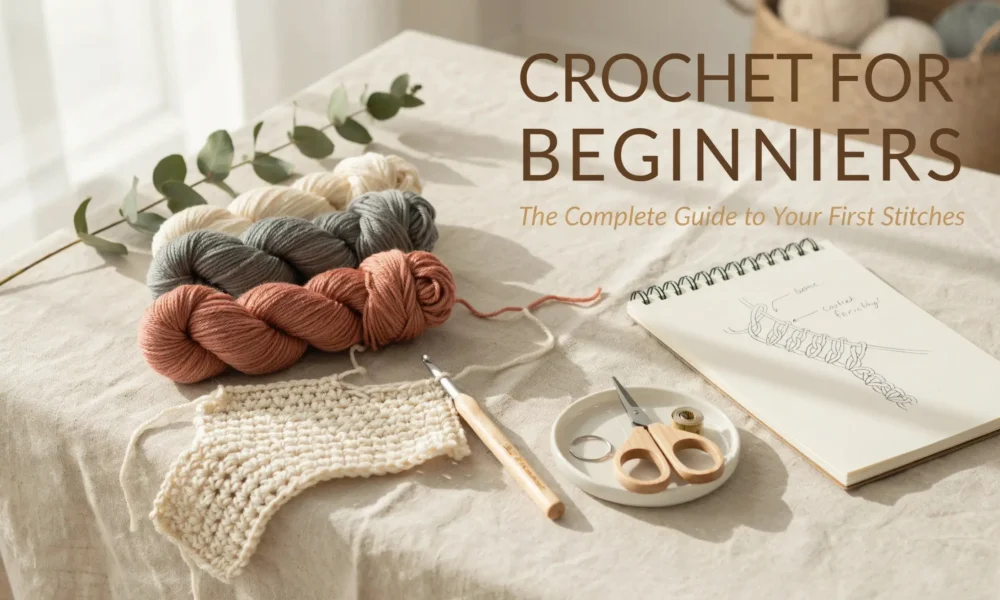A flat lay of crochet supplies for a beginner's guide, featuring cream, grey, and terracotta yarn skeins, a wooden crochet hook, a finished practice swatch, and a notebook with stitch diagrams on a linen tablecloth.
