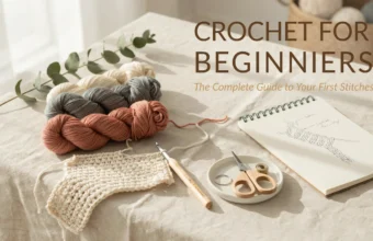 A flat lay of crochet supplies for a beginner's guide, featuring cream, grey, and terracotta yarn skeins, a wooden crochet hook, a finished practice swatch, and a notebook with stitch diagrams on a linen tablecloth.