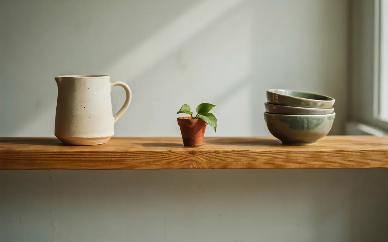 Wooden open kitchen shelf styled with a ceramic mug, small potted plant, and stacked bowls.