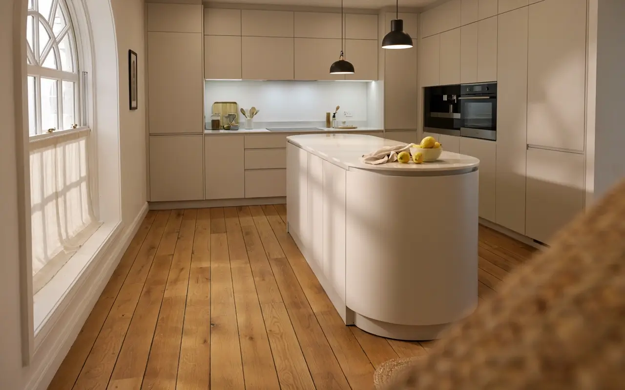 Curved corner kitchen island in a warm minimalist kitchen with beige cabinets, wood floors, and soft window light.