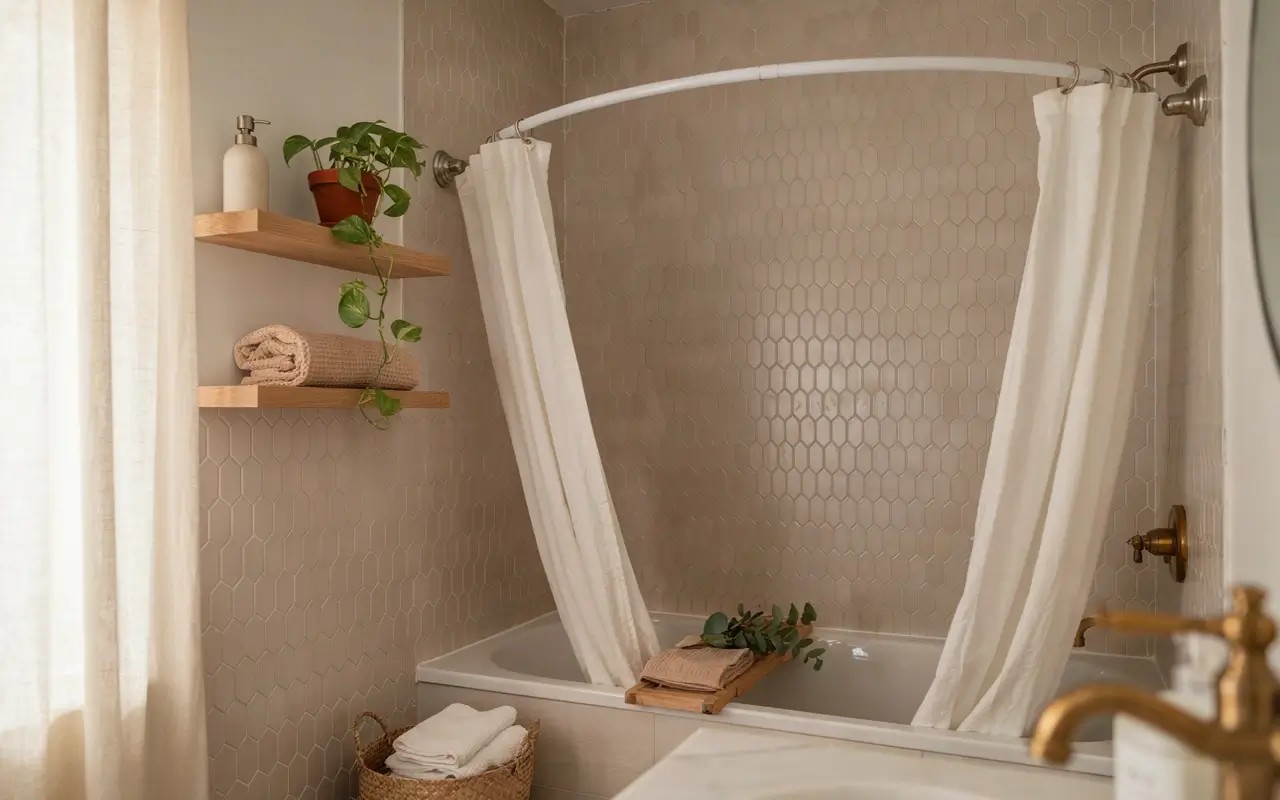 Curved shower rod over bathtub with white curtain, beige tile, wood shelves, plant, and towels.