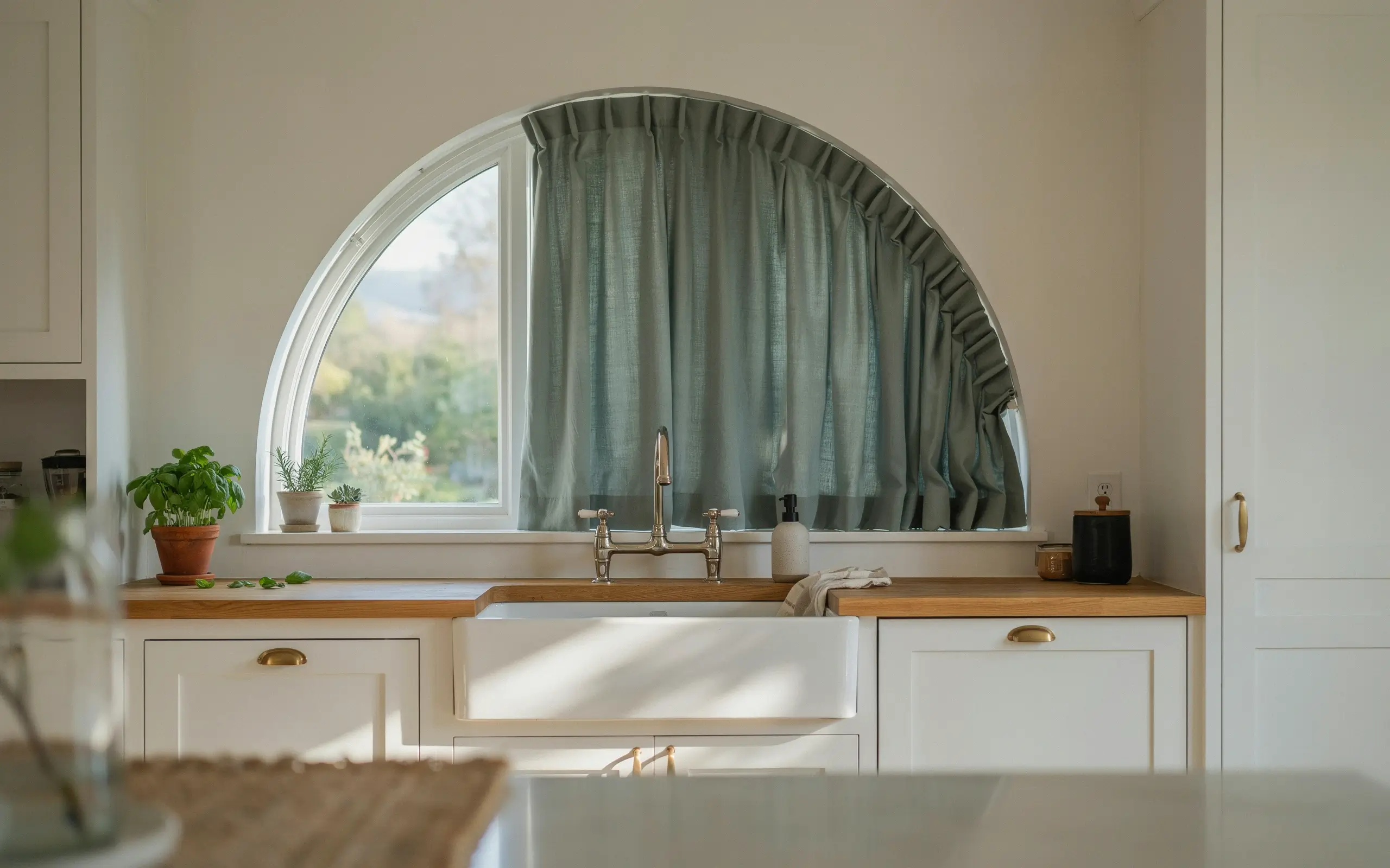Custom sage curtain fitted to an arched kitchen window above a farmhouse sink.