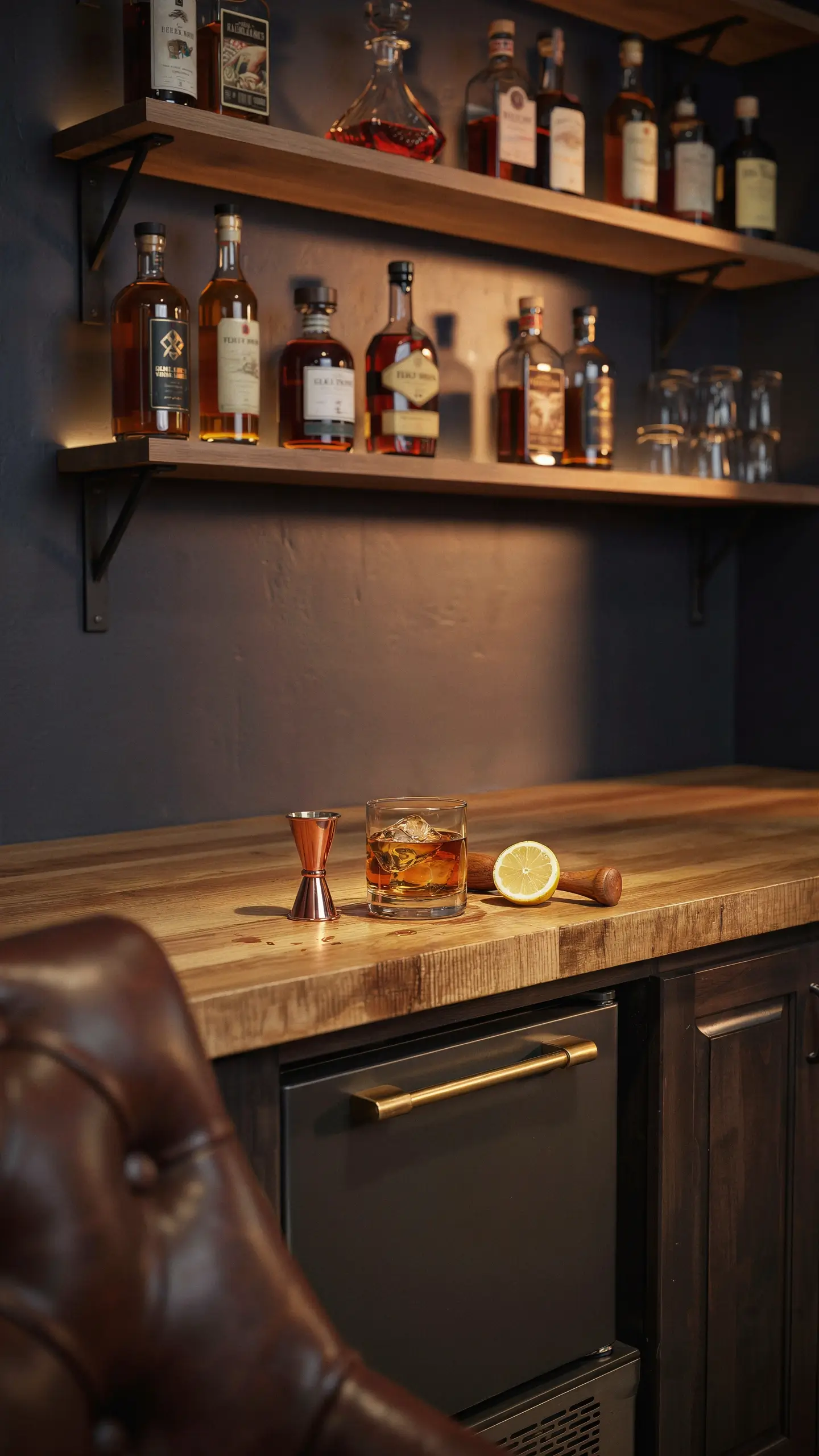 Custom built-in home bar counter with a whiskey glass, copper jigger, fresh lemon, floating liquor shelves, and a tufted leather chair in the foreground. 