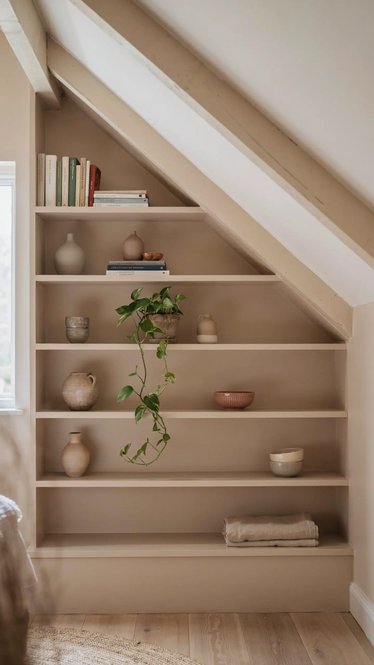 Built-in beige shelves following a sloped attic ceiling, styled with art books, ceramic vases, and a cascading green pothos plant in a minimalist setup. 