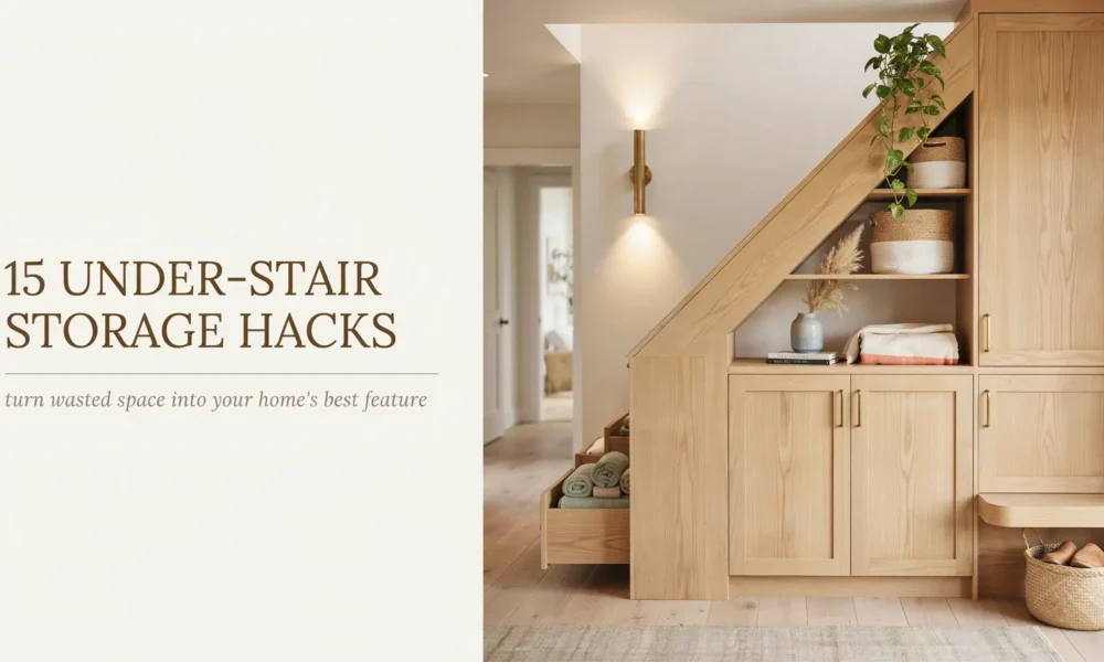 Custom built-in wooden under-stair storage cabinet featuring a pull-out linen drawer, closed double doors, and open shelves displaying woven baskets, potted greenery, and folded blankets to organize unused hallway space.