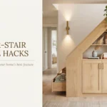 Custom built-in wooden under-stair storage cabinet featuring a pull-out linen drawer, closed double doors, and open shelves displaying woven baskets, potted greenery, and folded blankets to organize unused hallway space.