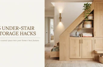 Custom built-in wooden under-stair storage cabinet featuring a pull-out linen drawer, closed double doors, and open shelves displaying woven baskets, potted greenery, and folded blankets to organize unused hallway space.