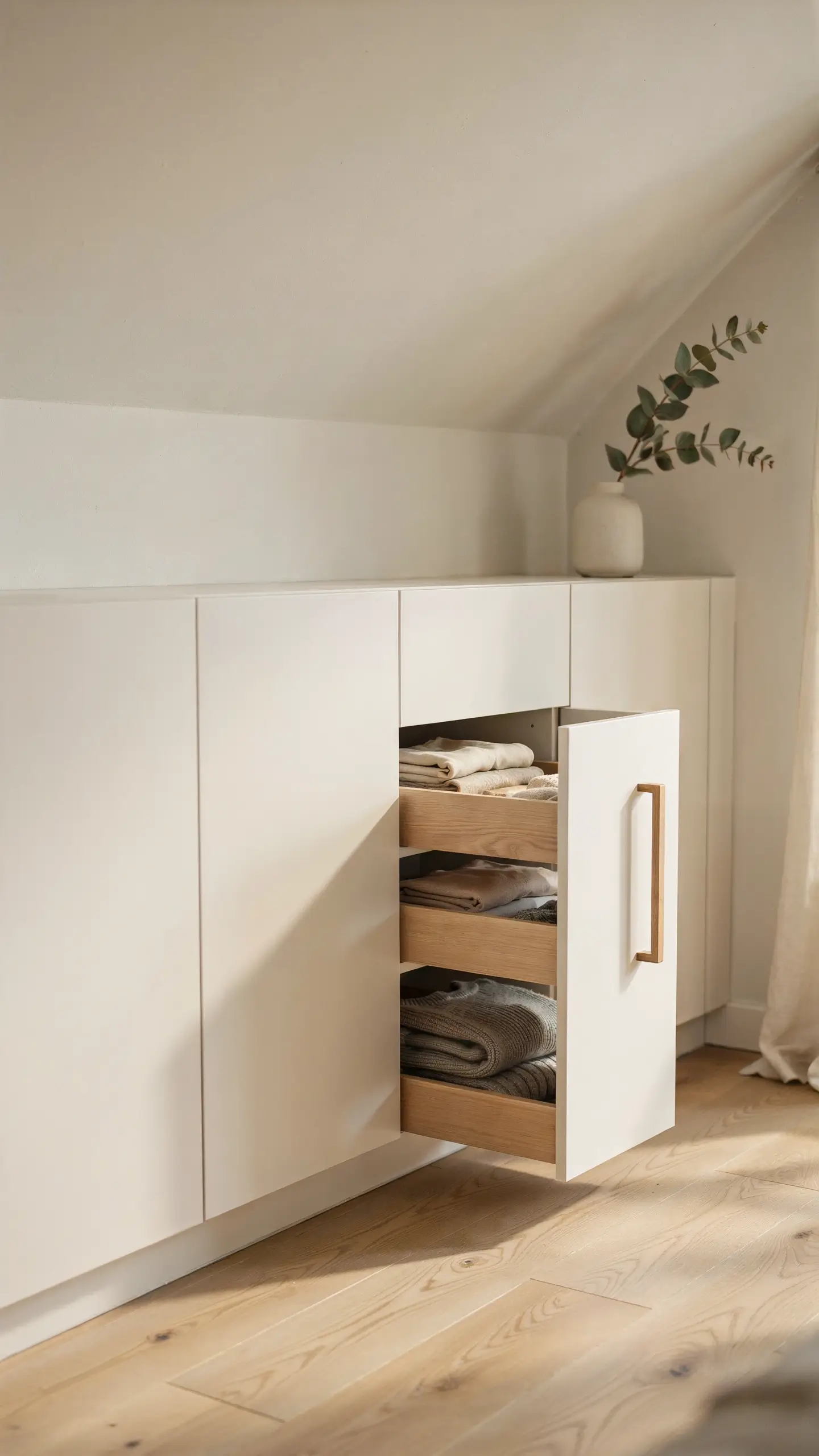 Minimalist white built-in knee wall cabinet featuring soft-close wooden drawers, folded linens, and a white ceramic vase with eucalyptus branches, maximizing sloped attic storage. 