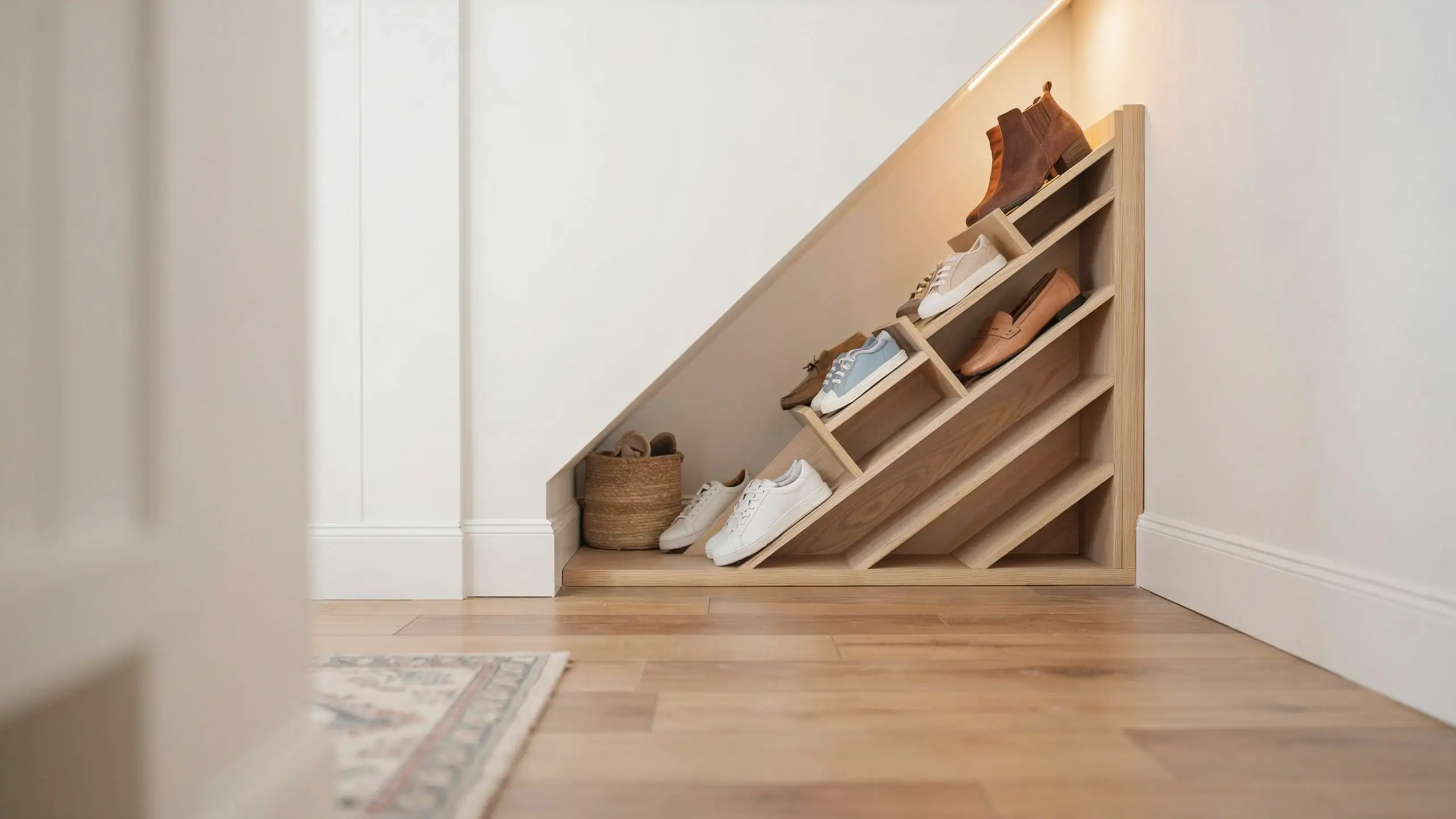 A custom light-wood angled shoe cubby tower built into the low end of a white staircase, featuring staggered DIY-style storage shelves holding brown ankle boots, casual blue sneakers, white sneakers, and brown loafers, accompanied by a round woven wicker basket tucked into the tight corner.