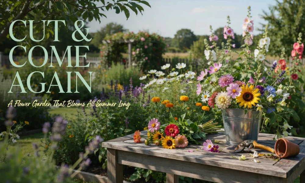 Rustic wooden table with a galvanized bucket of freshly harvested cut-and-come-again summer flowers and pruning shears in a vibrant cottage garden.