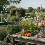 Rustic wooden table with a galvanized bucket of freshly harvested cut-and-come-again summer flowers and pruning shears in a vibrant cottage garden.