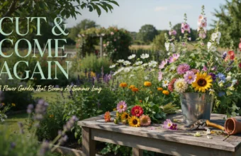 Rustic wooden table with a galvanized bucket of freshly harvested cut-and-come-again summer flowers and pruning shears in a vibrant cottage garden.