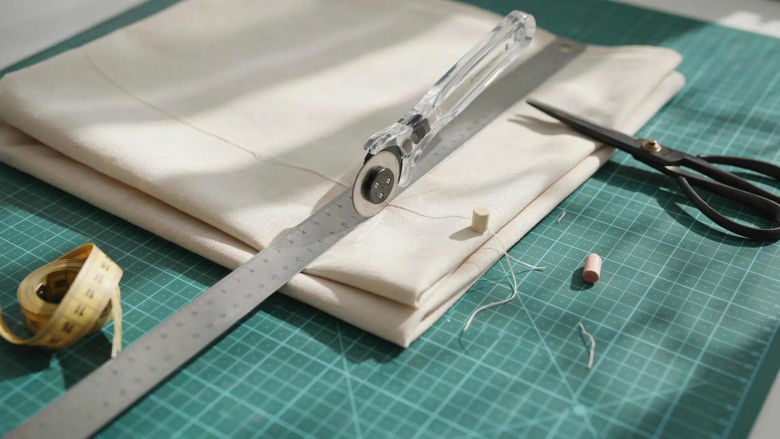 Off-white cotton fabric laid on a teal cutting mat with a clear rotary cutter, metal ruler, and black dressmaking scissors for tailorin